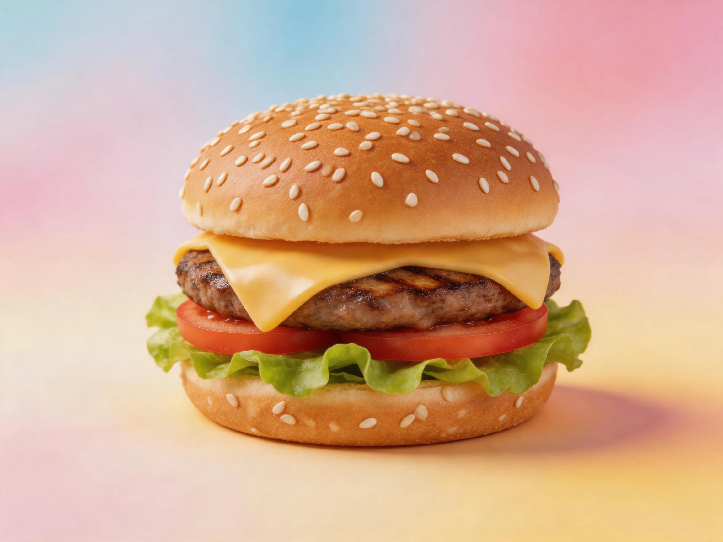 Sesame -eded burger with grilled beef, cheese, tomato, and lettuce