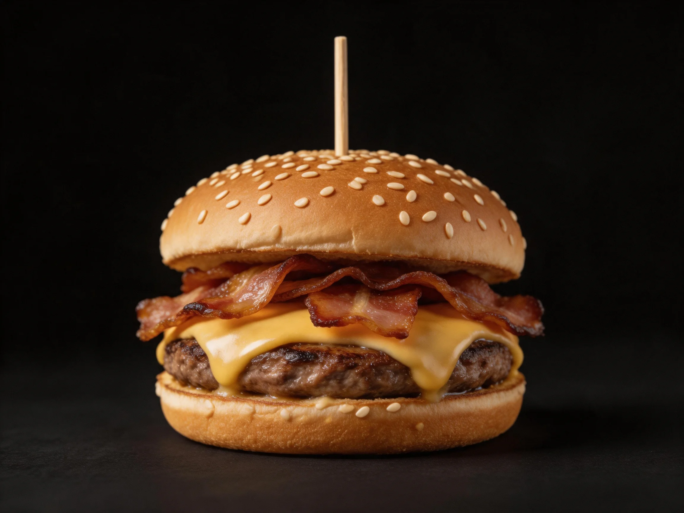 Sesame seed bun burger with crispy bacon and melted cheese