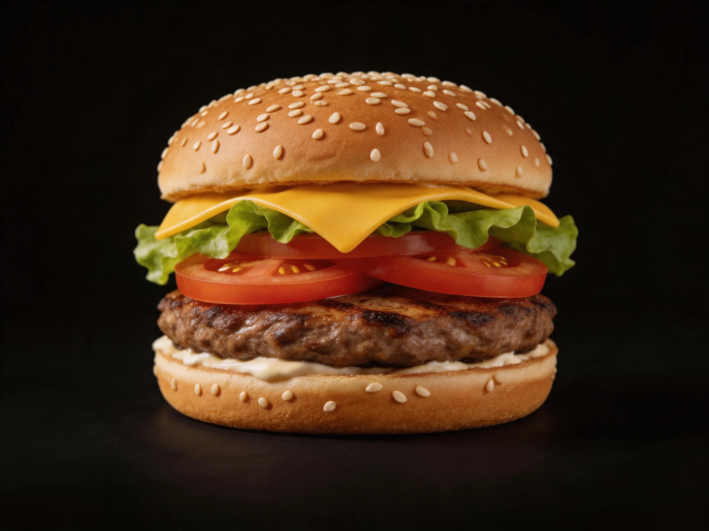Sesame seed bun cheeseburger with lettuce, tomato, and grilled patty