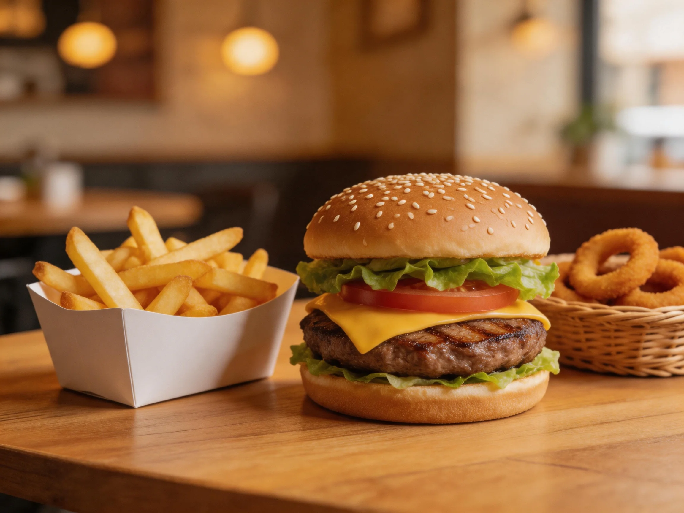 Sesame seed burger, golden fries, and crispy onion rings on a wooden table