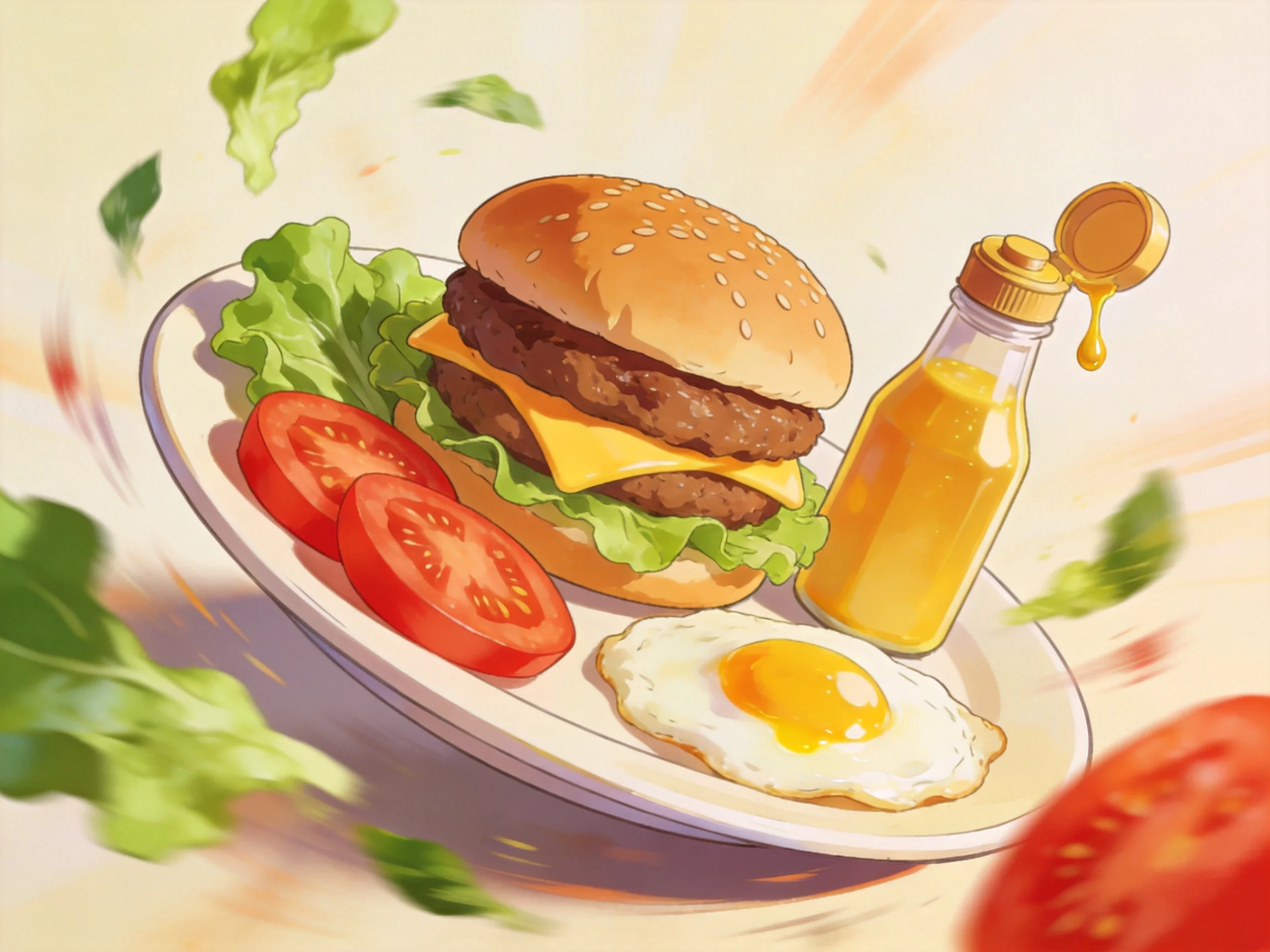 Sesame seed burger, tomato slices, fried egg, and sauce on a plate