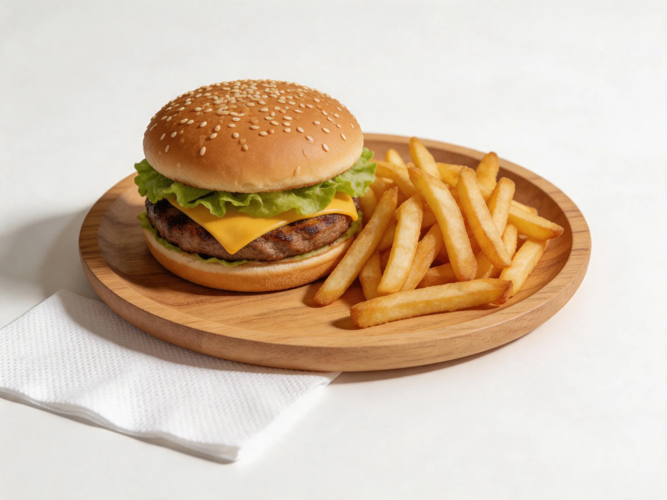 Sesame seed burger with cheese lettuce and golden fries on wooden plate