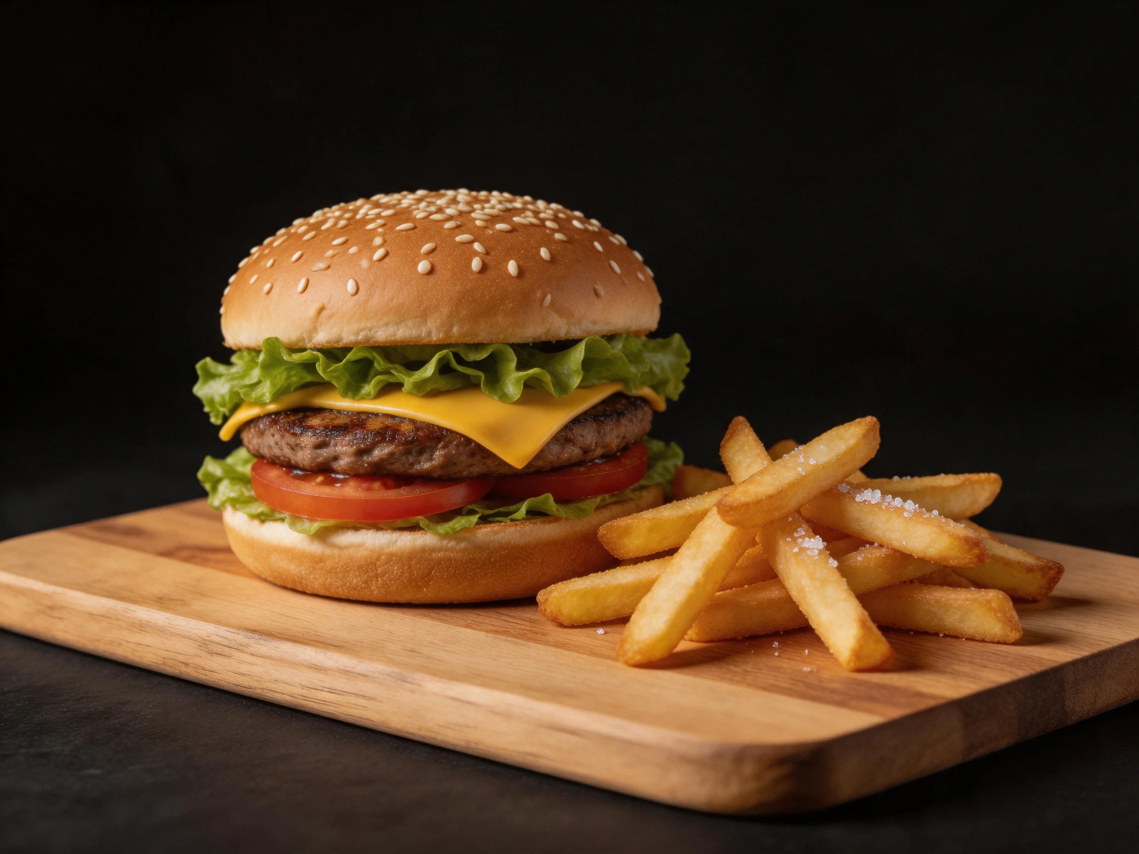 Sesame seed burger with cheese, lettuce, and tomato next to seasoned fries