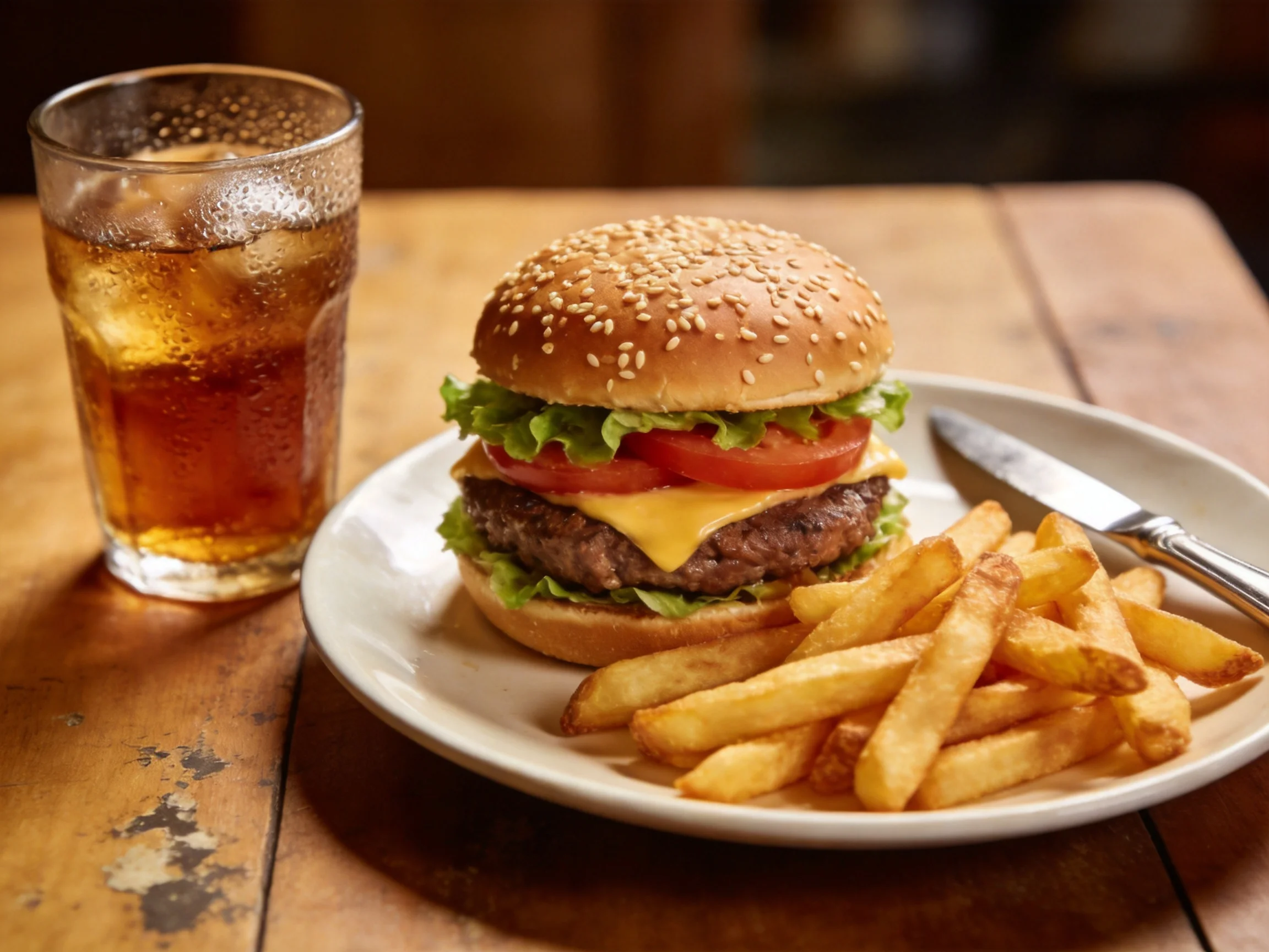 Sesame seed burger with cheese, lettuce, tomato; golden fries; dark soda