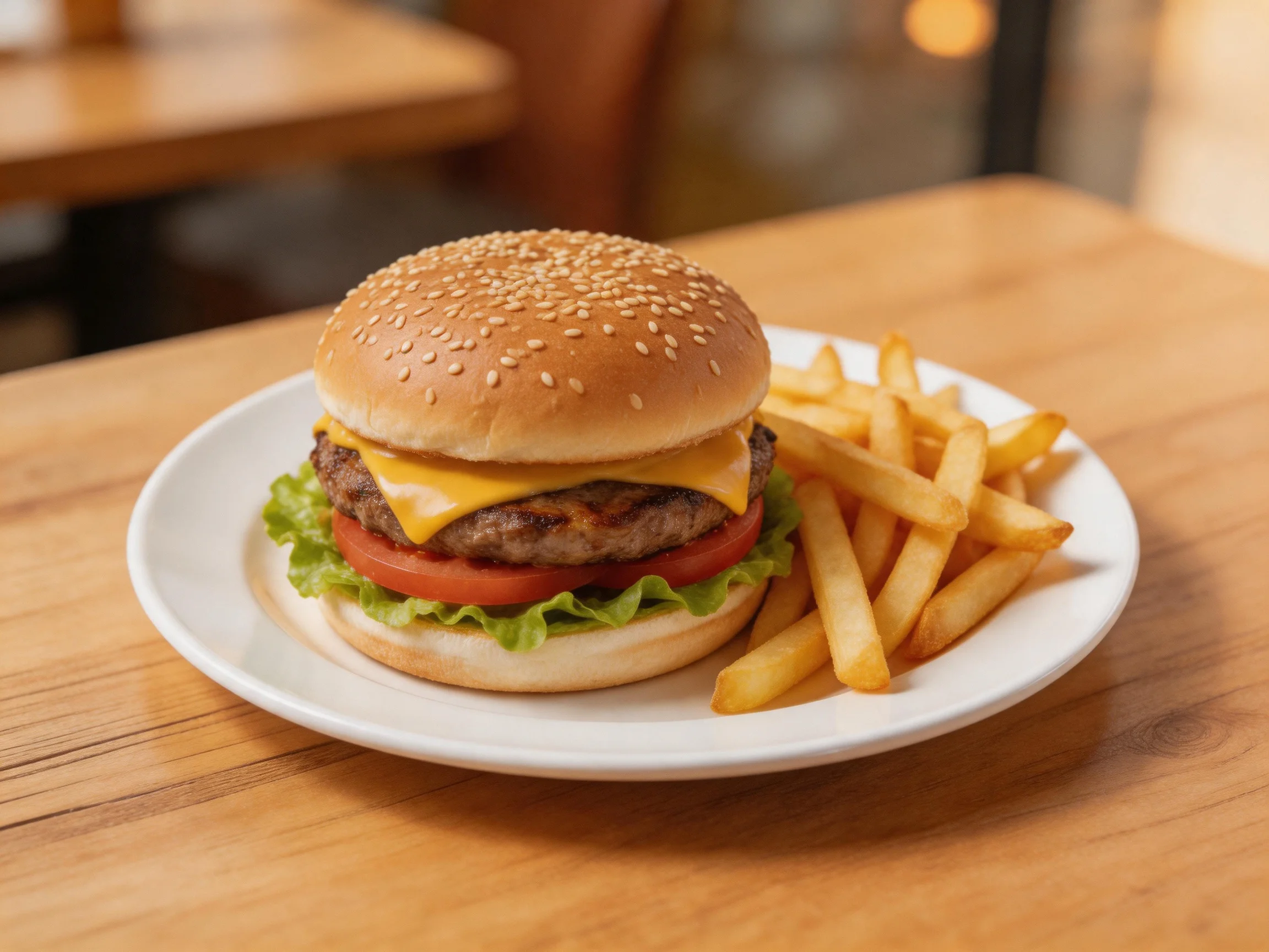 Sesame seed burger with cheese, tomato, lettuce and golden fries