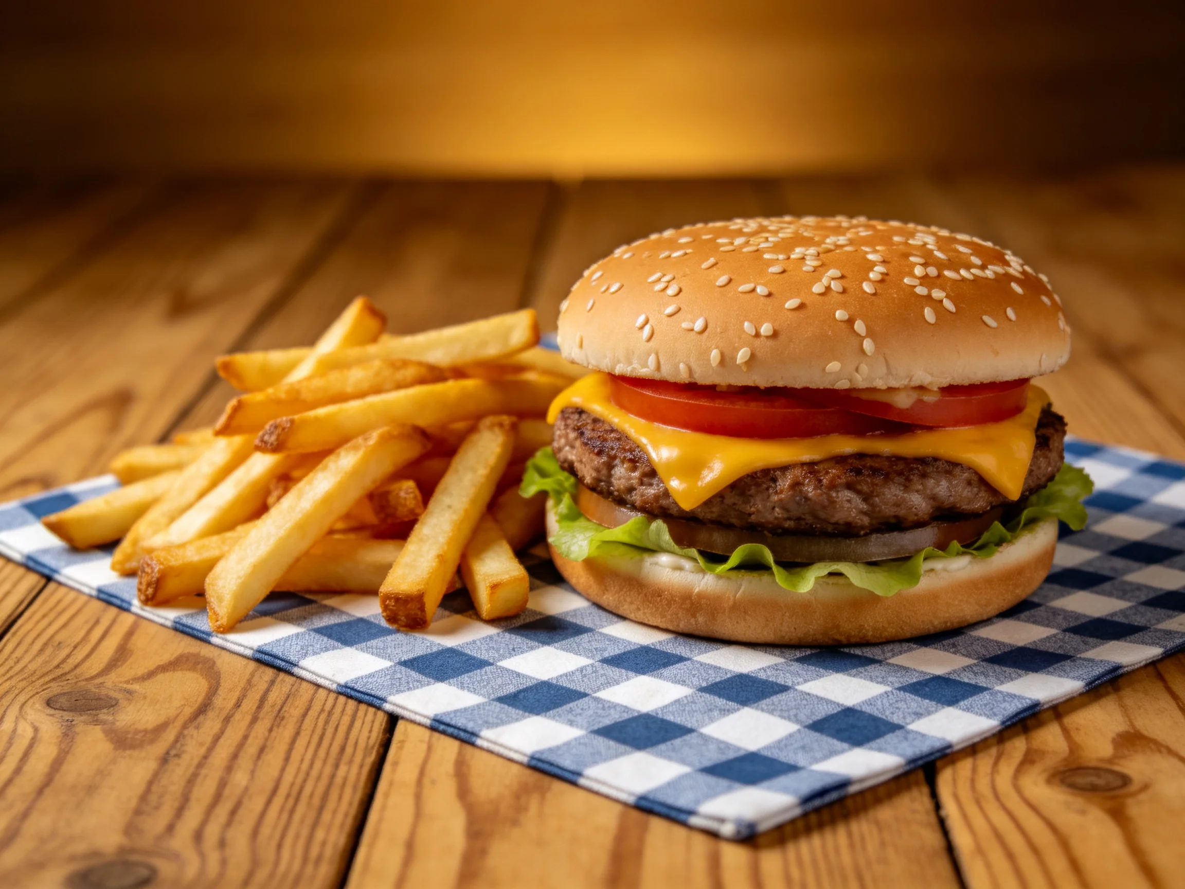 Sesame seed burger with cheese, tomato, lettuce beside golden French fries