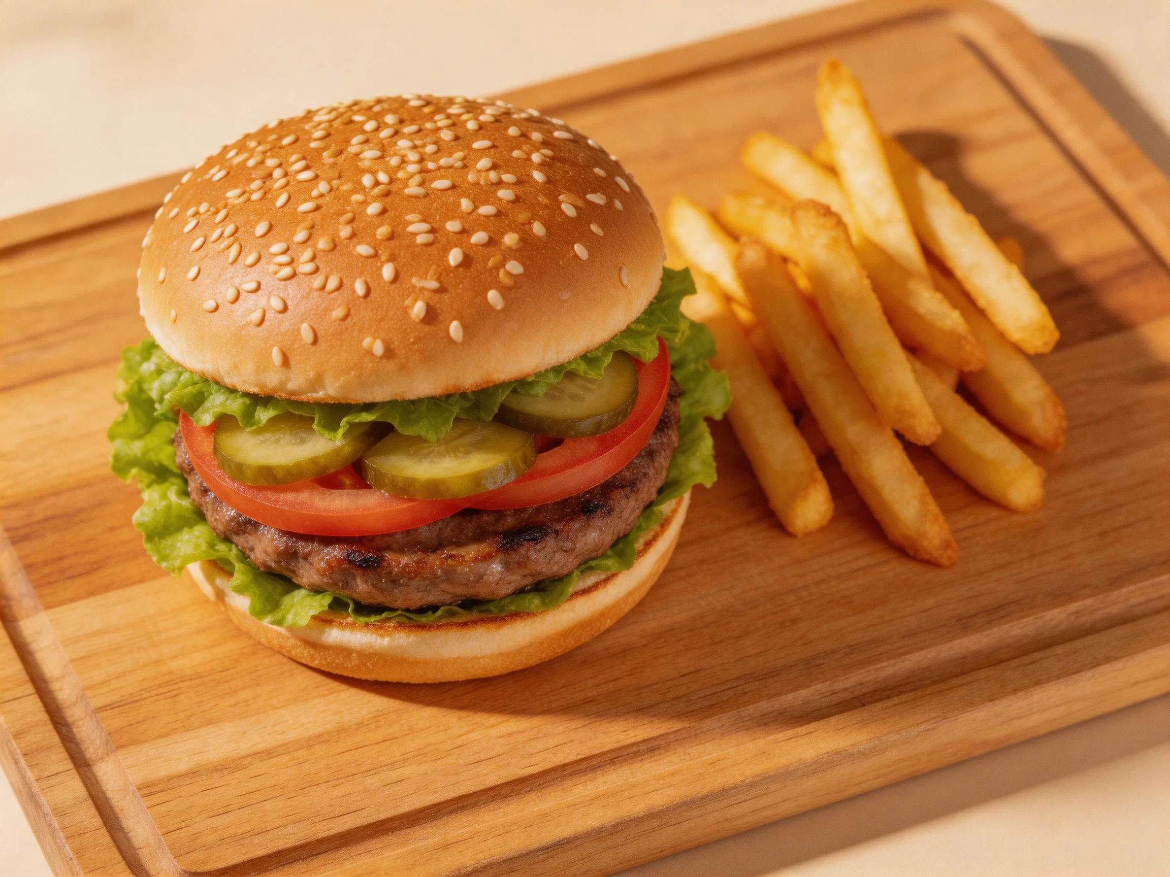 Sesame seed burger with fresh veggies and golden fries