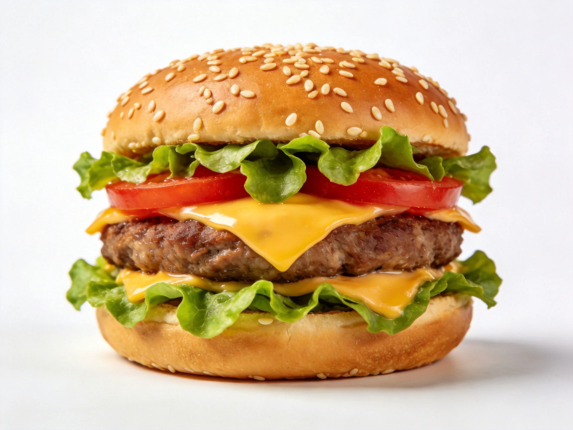 Sesame-seed burger with lettuce, tomato, cheese, and beef patties.
