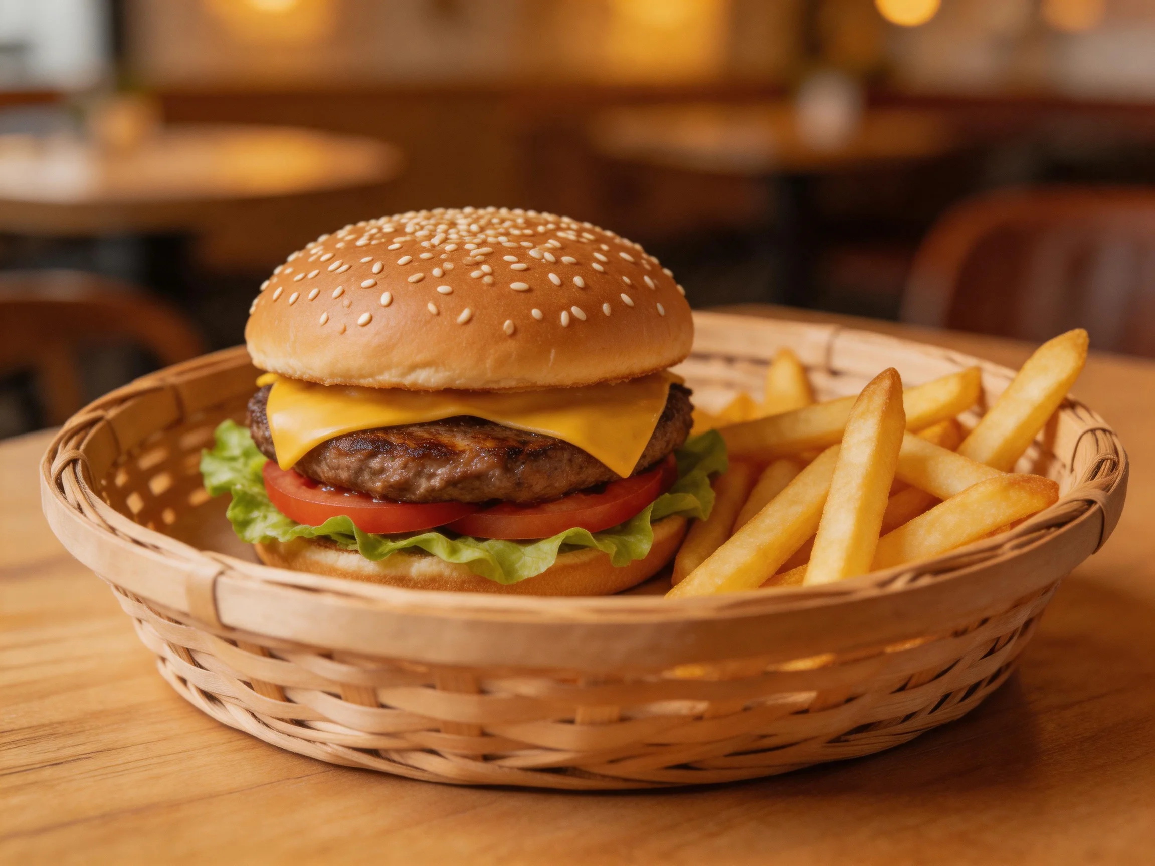 Sesame seed cheeseburger with crispy fries in a wicker basket