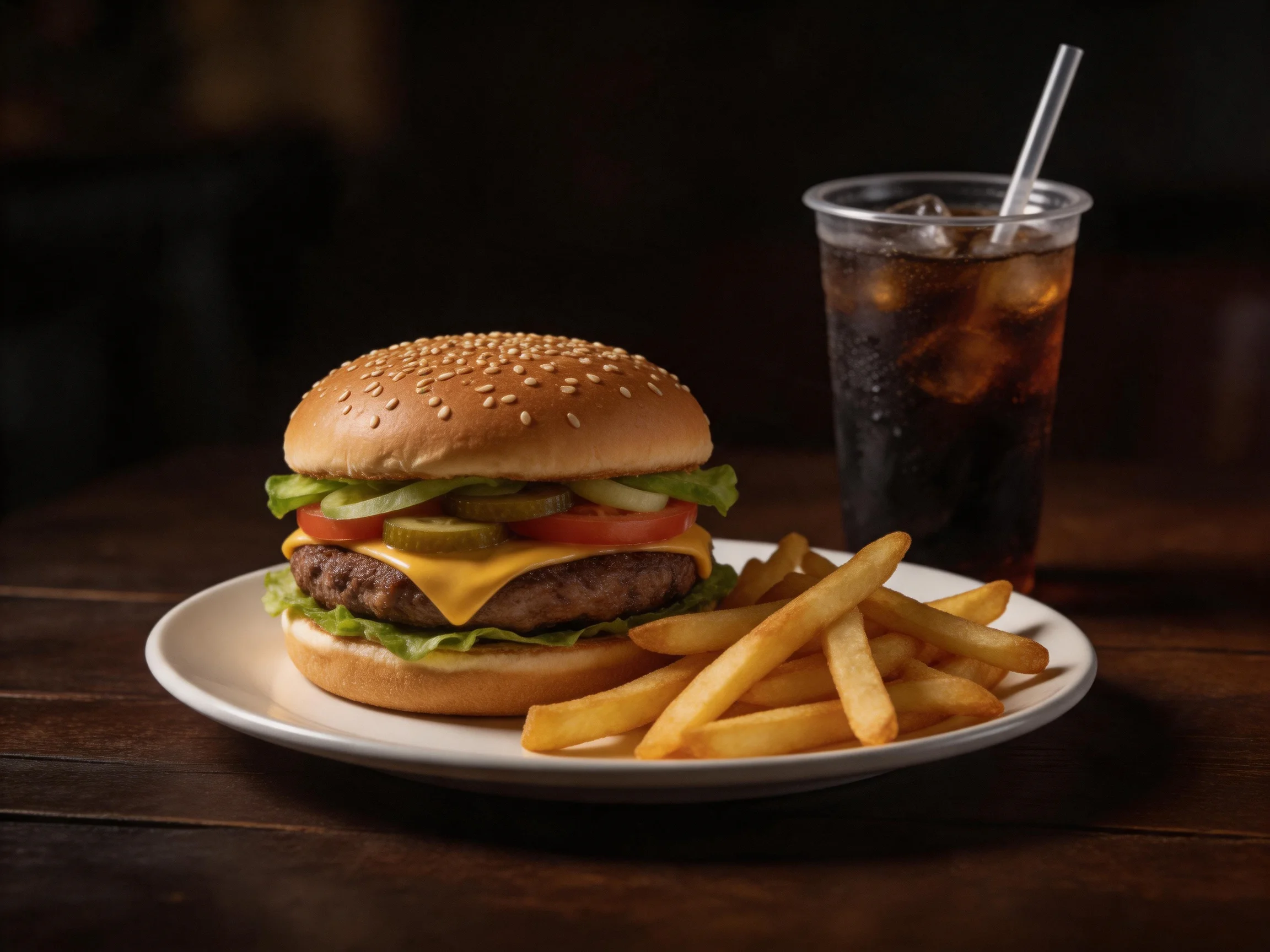 Sesame seed cheeseburger with lettuce, pickles, and fries alongside a dark soda.