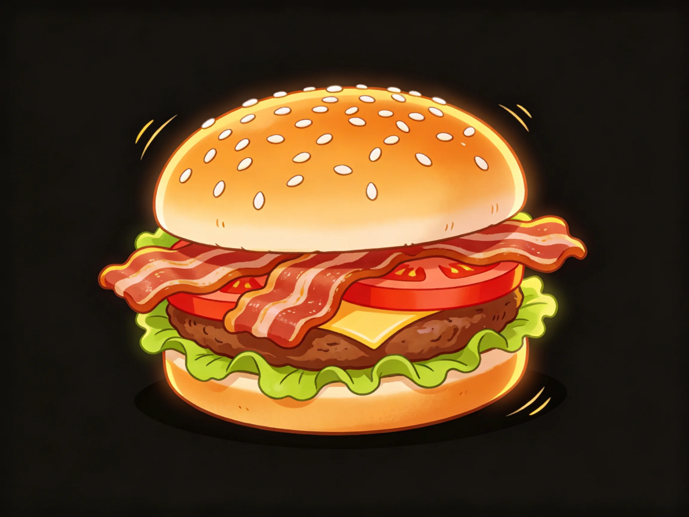 A cartoon burger with layered ingredients including bacon, tomato, lettuce, and cheese.