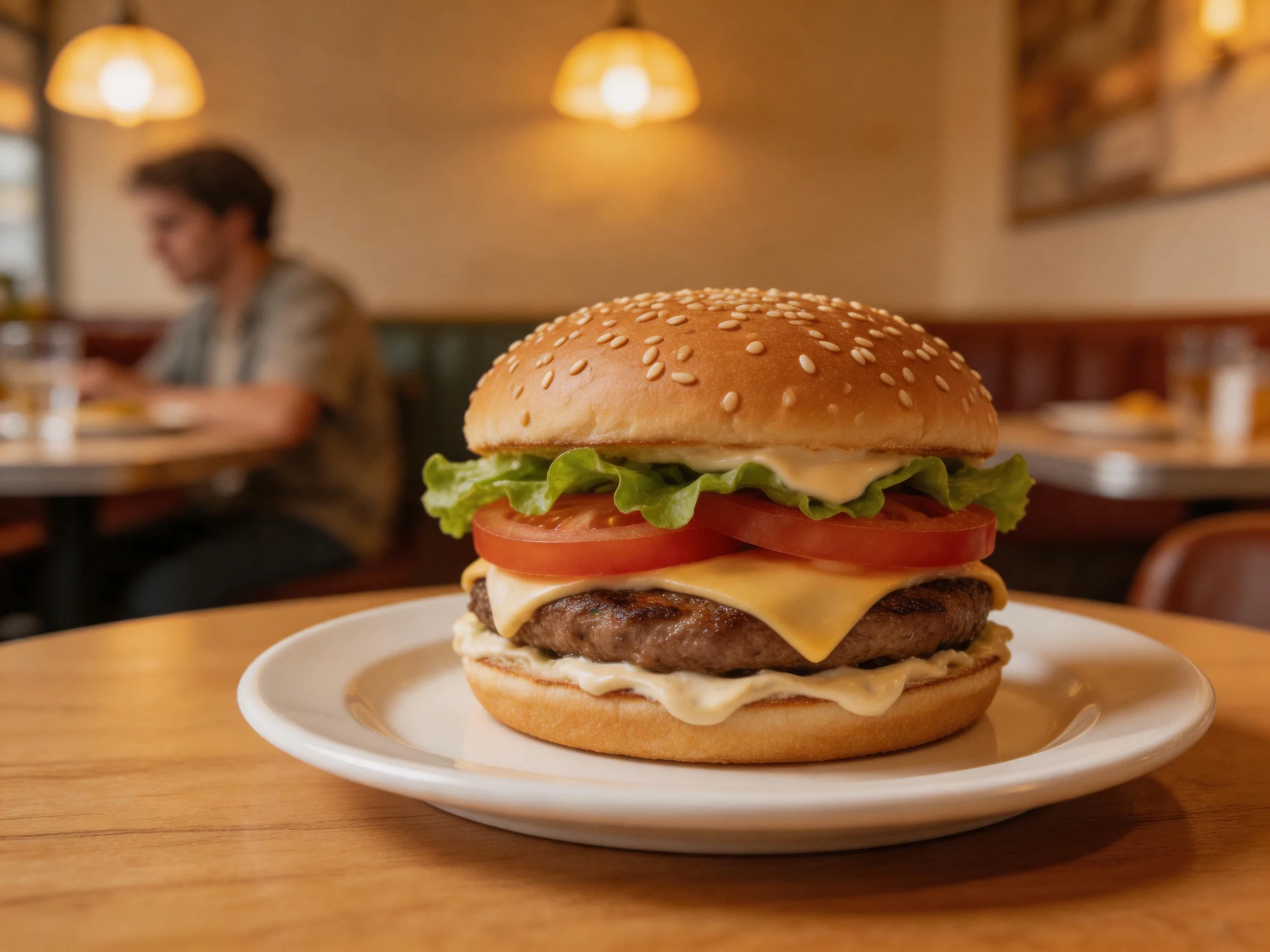 Sesame seed-topped cheeseburger with lettuce and tomato on a white plate