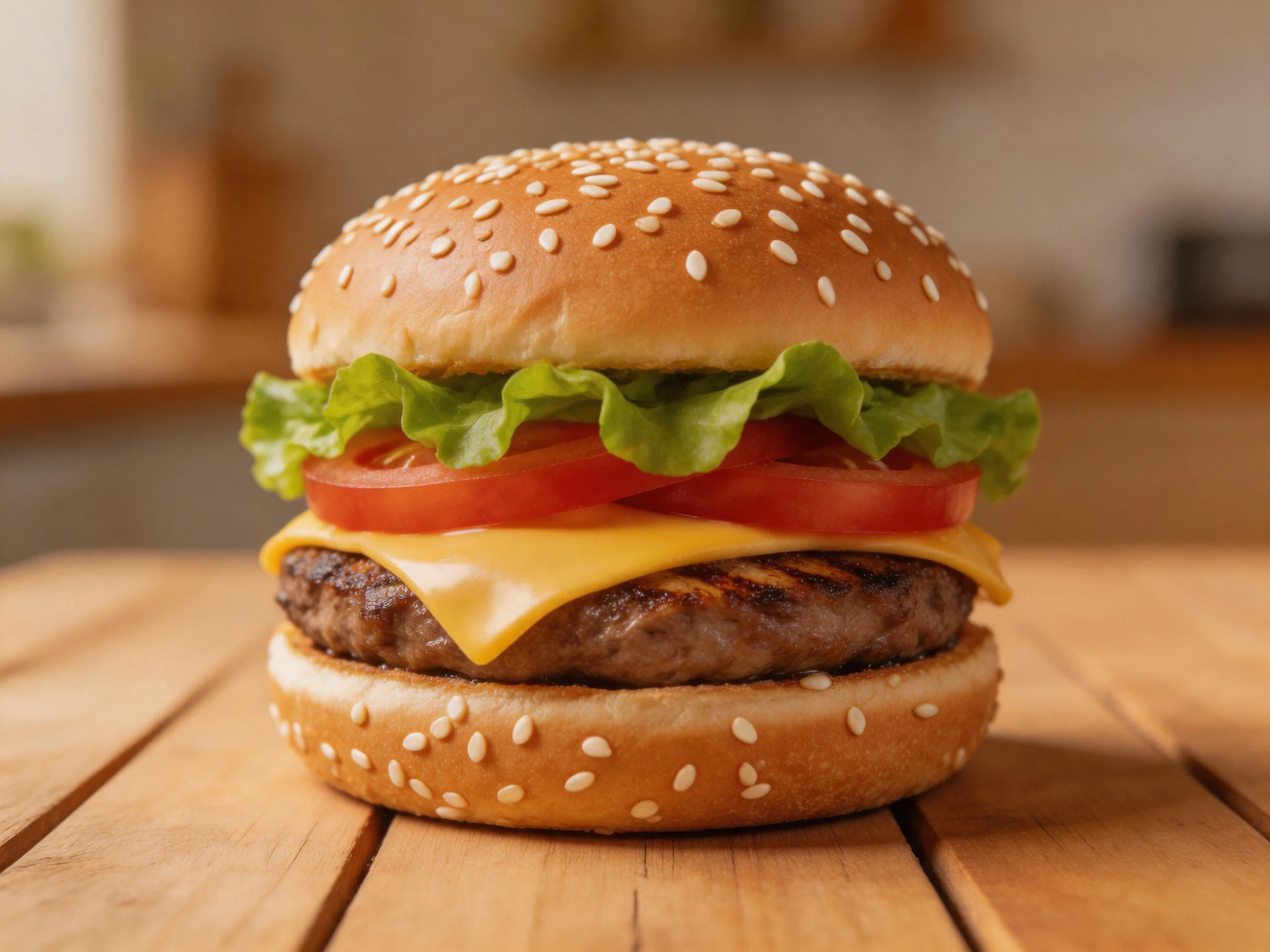 Sesame seed - topped cheeseburger with lettuce, tomato, and grilled beef patty