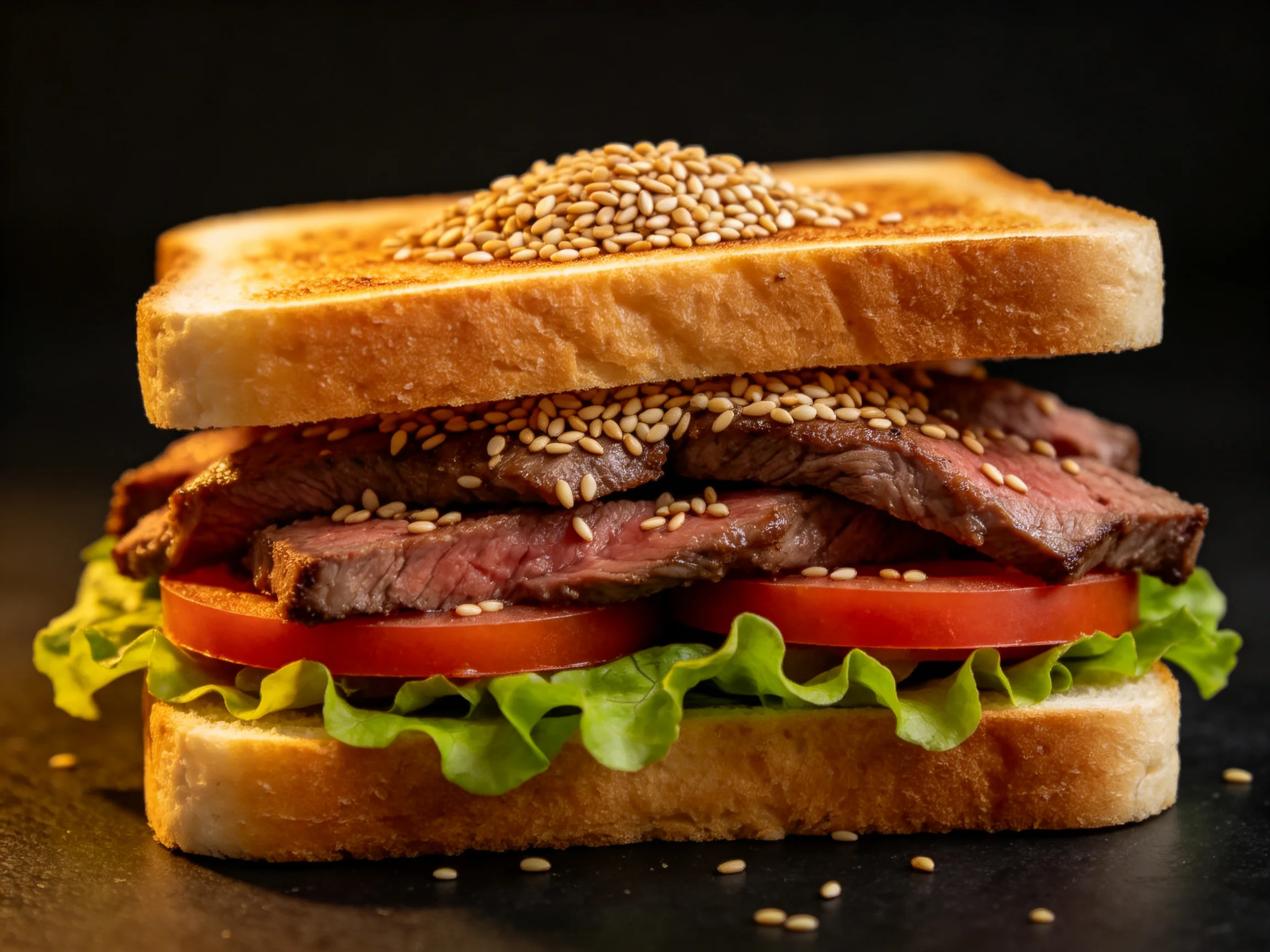 Sesame seed-topped grilled steak sandwich with tomato slices and lettuce