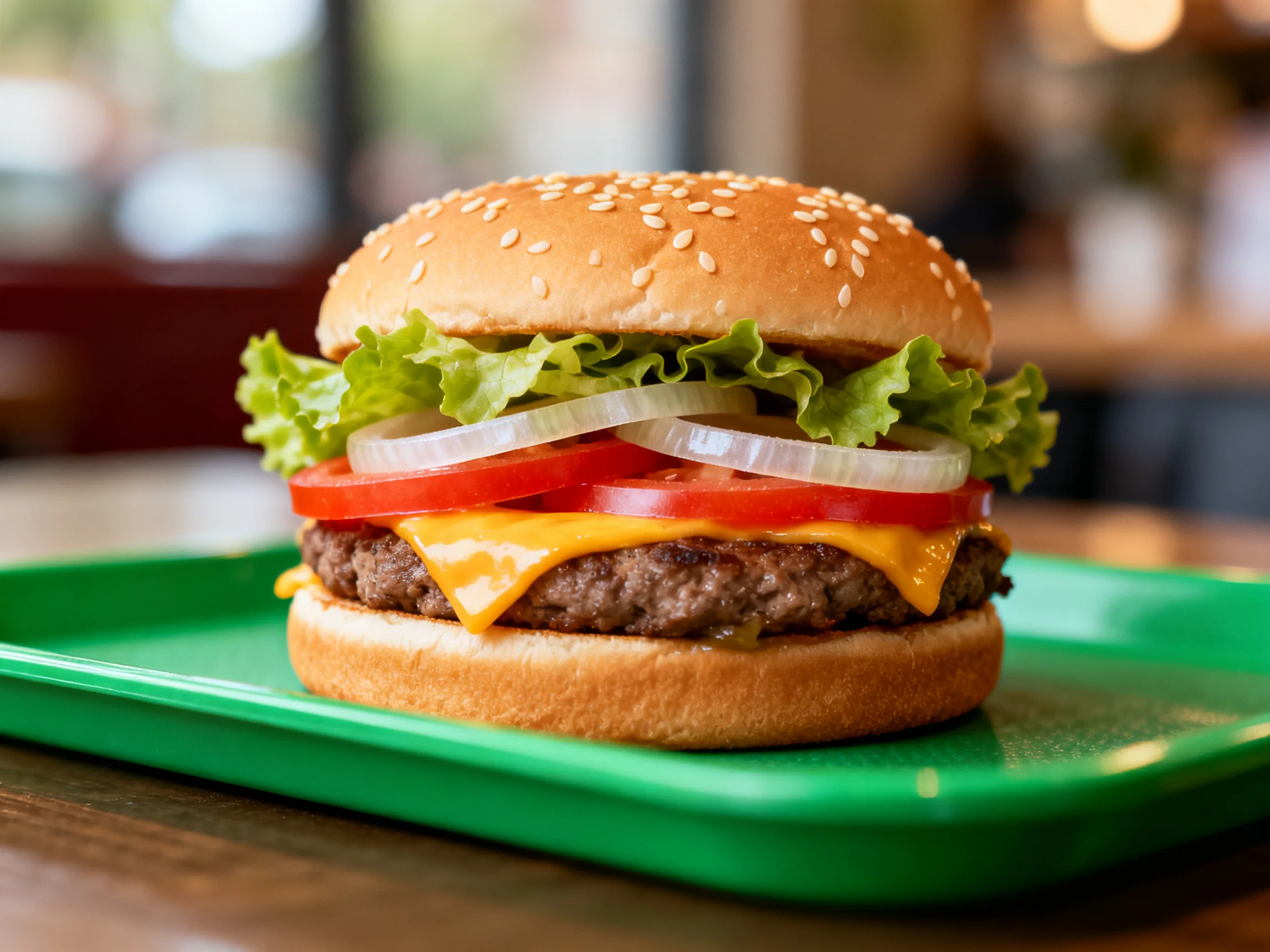 Sesame-seeded burger with fresh veggies on a green tray