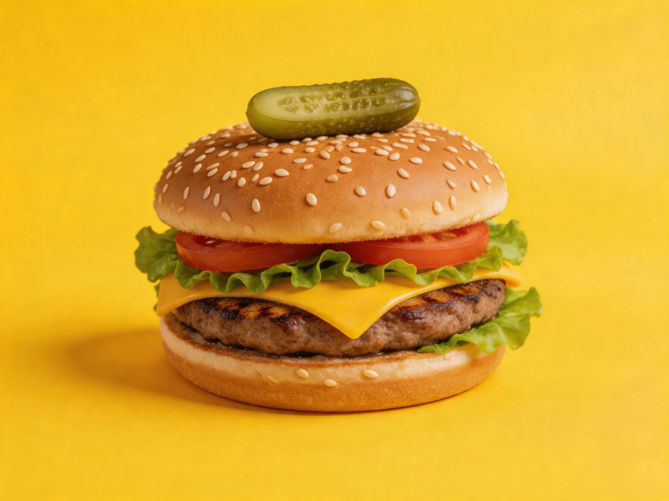 Sesame-seeded burger with pickle, tomato, and cheese layers
