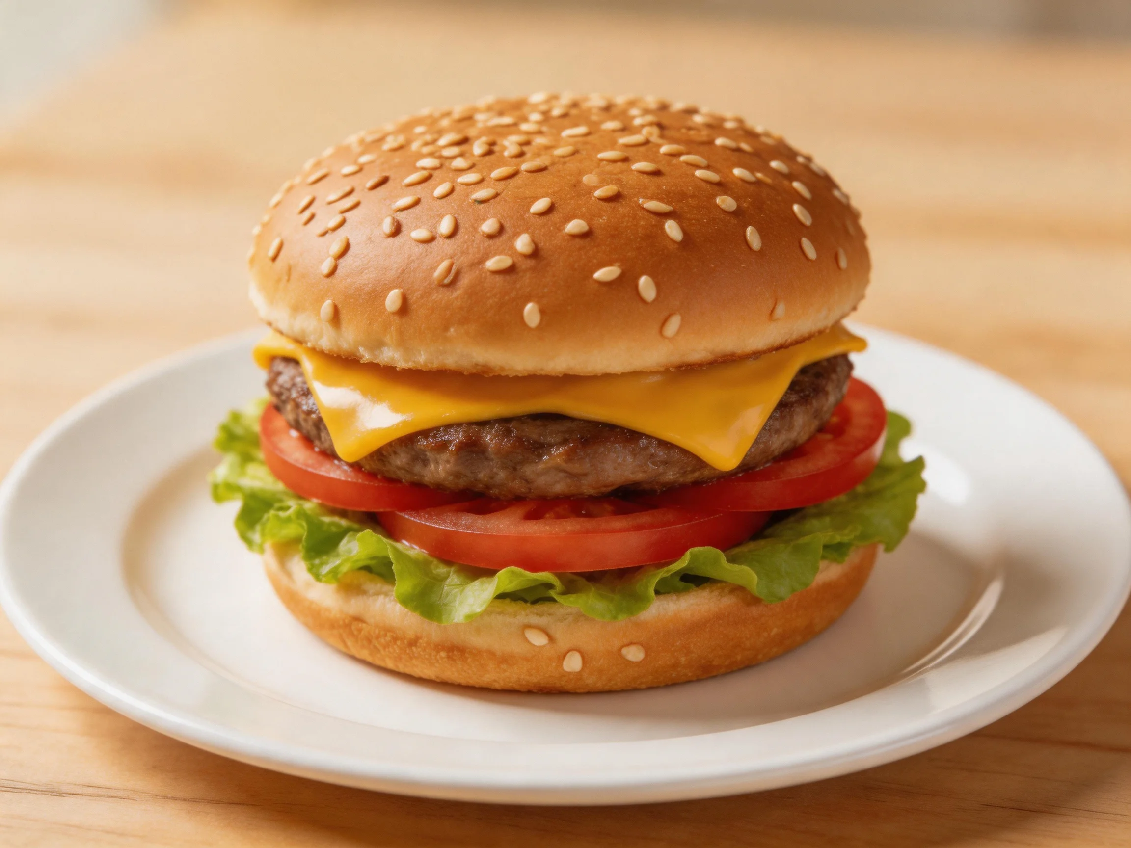 Sesame-seeded cheeseburger with melted cheddar, tomato, and lettuce