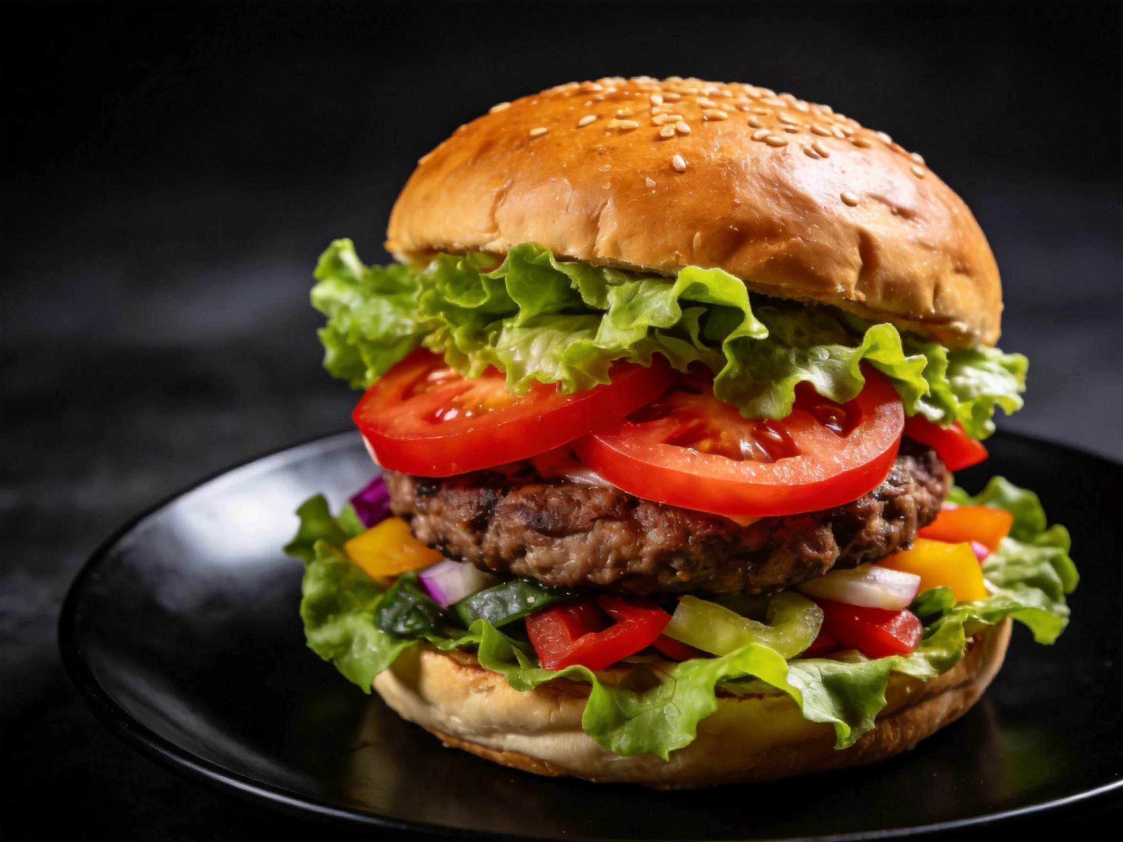 Sesame-topped burger with fresh greens, tomato slices, and a beef patty