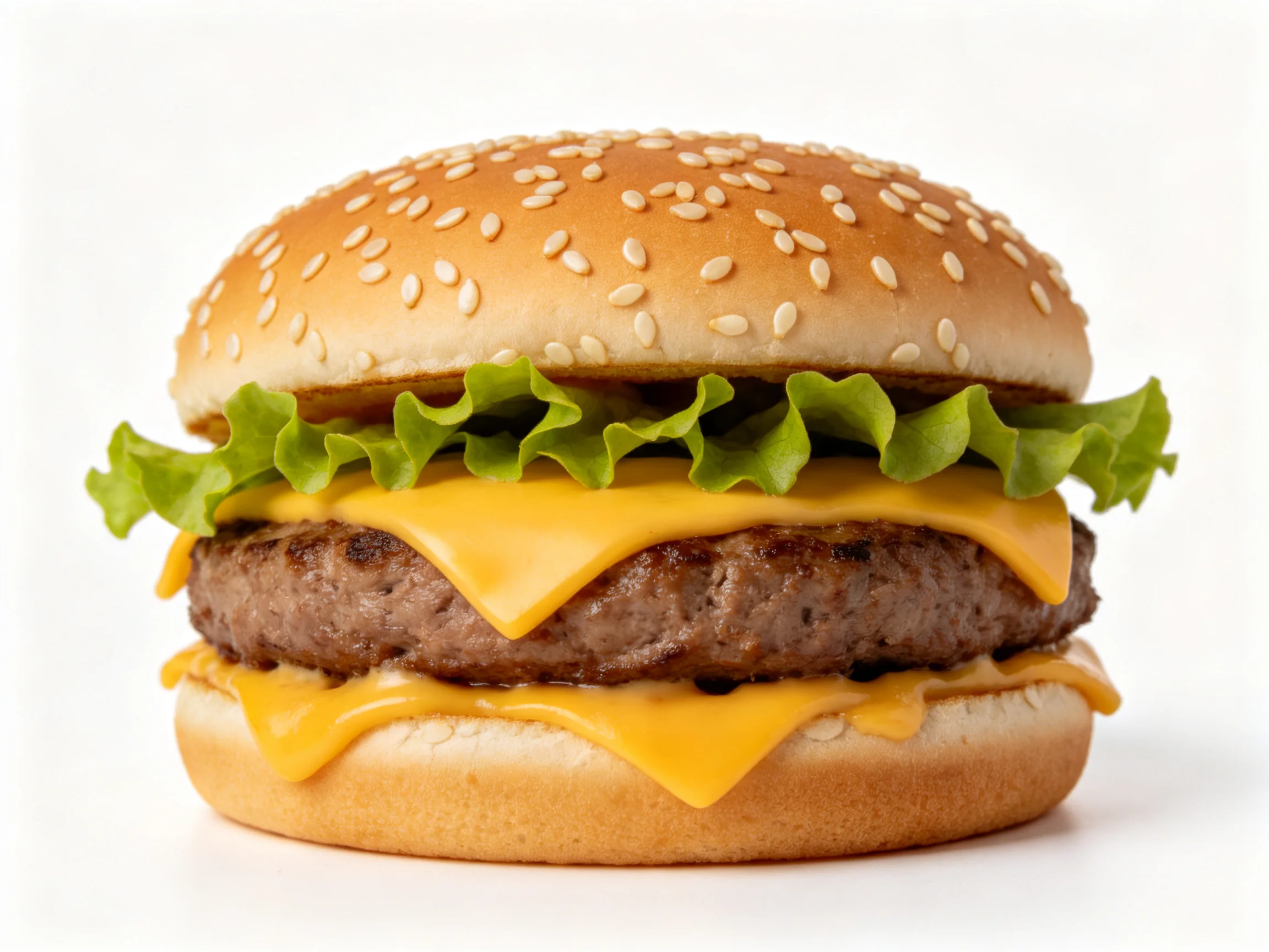Sesame-topped burger with fresh lettuce, melted cheese, and grilled beef patty