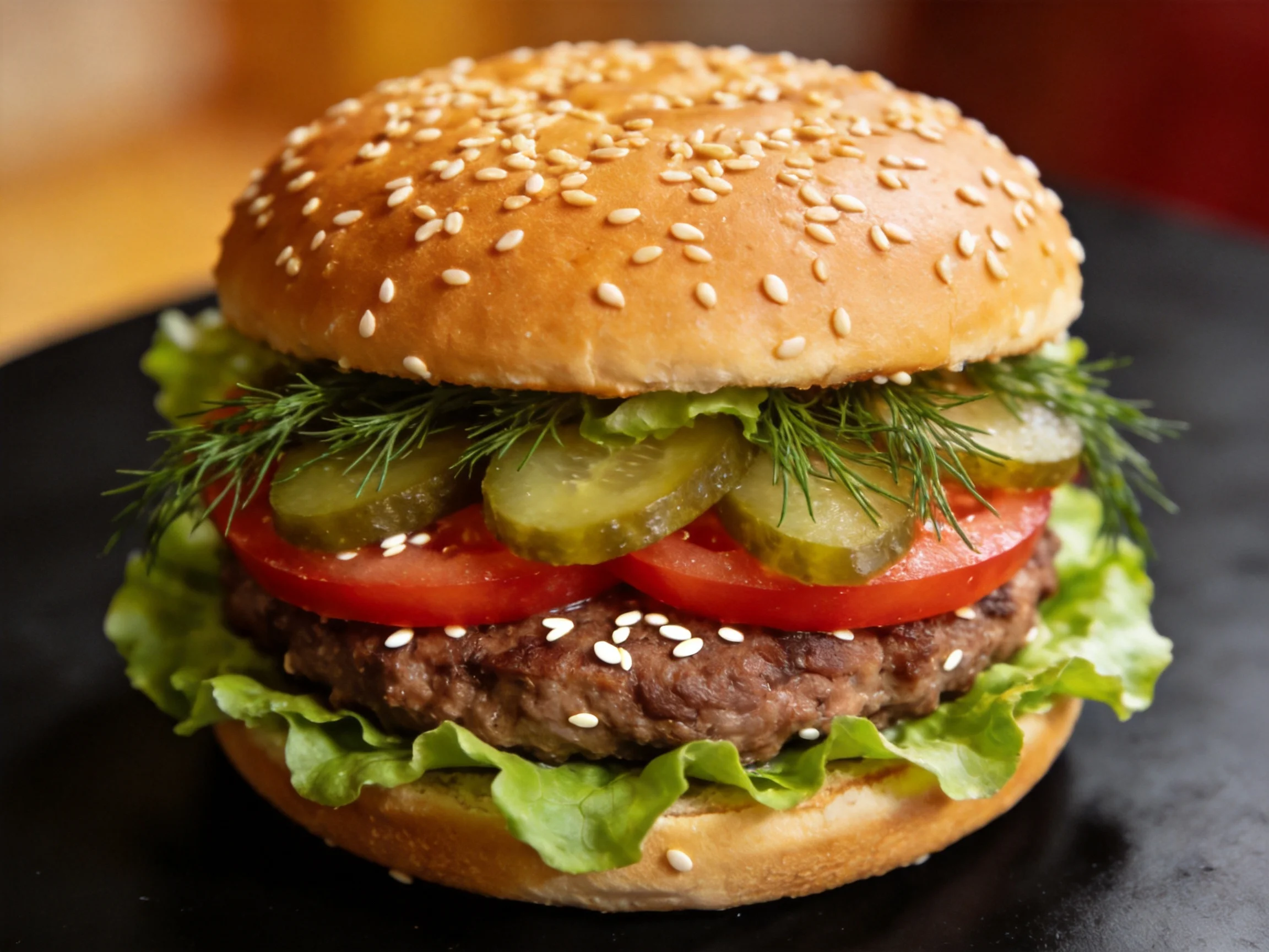 Sesame-topped burger with fresh veggies and beef patty