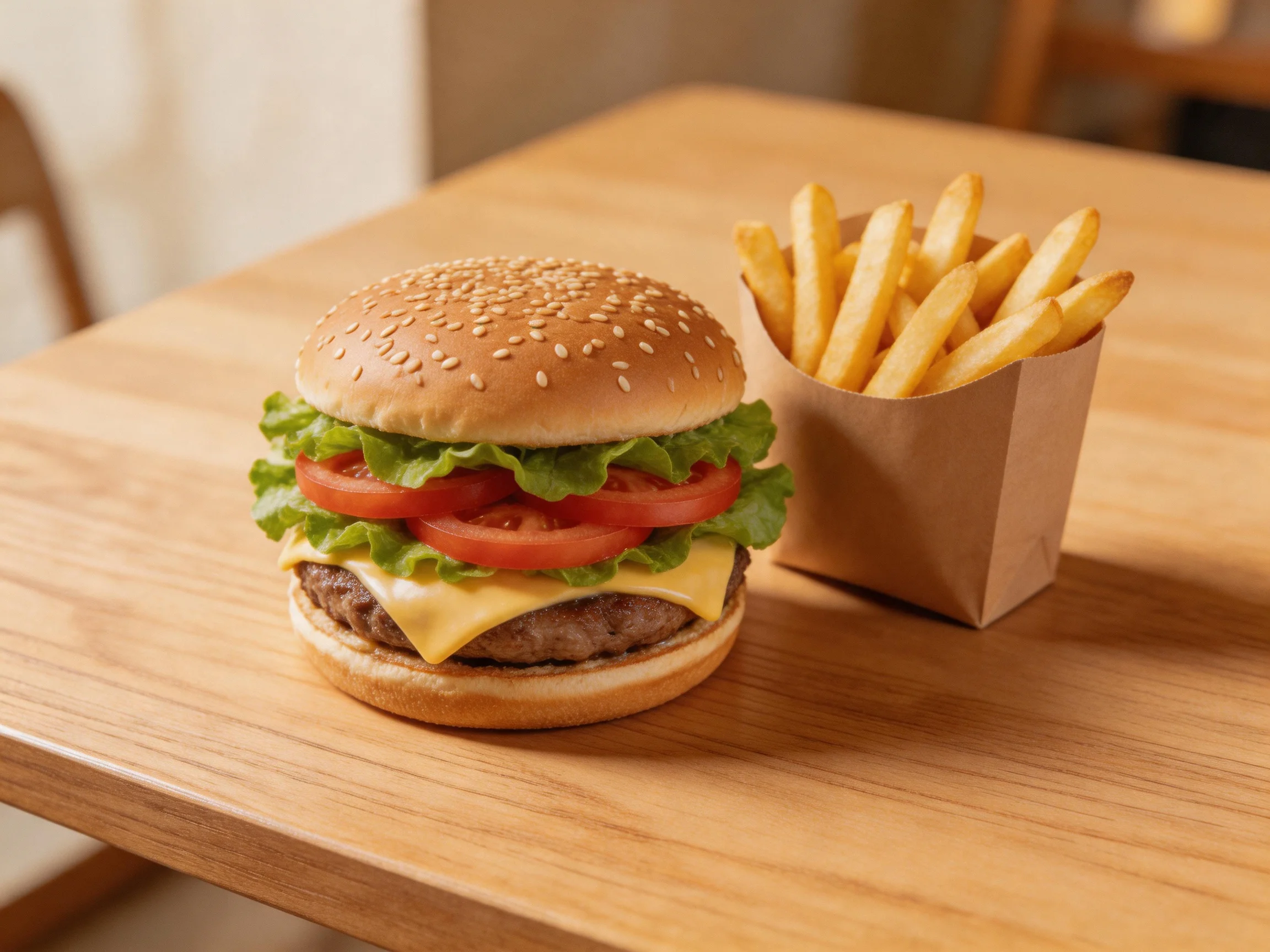 Sesame-topped burger with fresh veggies beside golden French fries