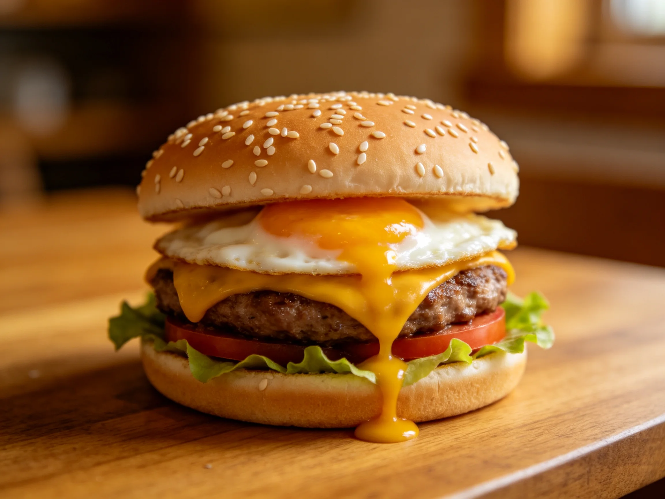 Sesame-topped burger with fried egg, melted cheese, lettuce, and tomato