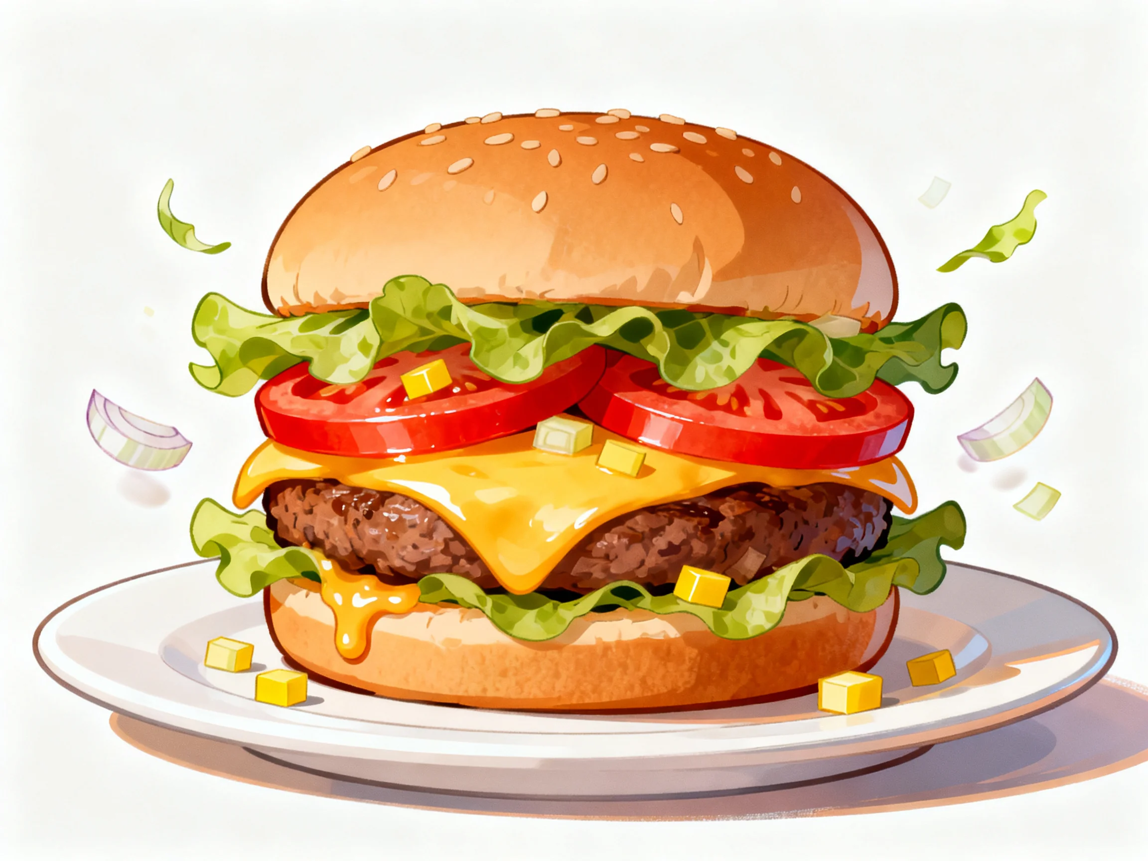 Sesame-topped burger with layered veggies, tomatoes, and melted cheese