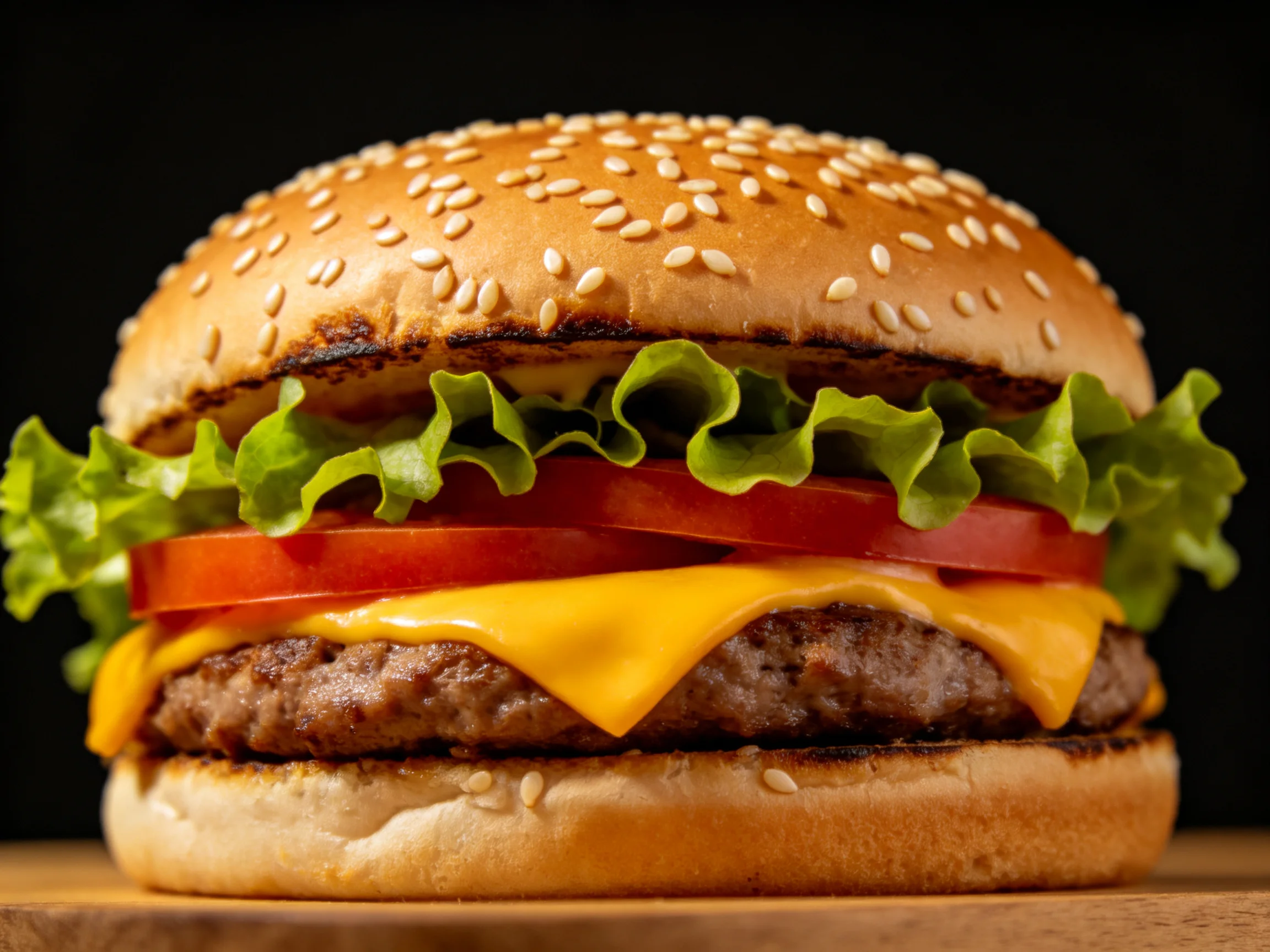 Sesame-topped burger with lettuce, tomato, cheese, and beef patty