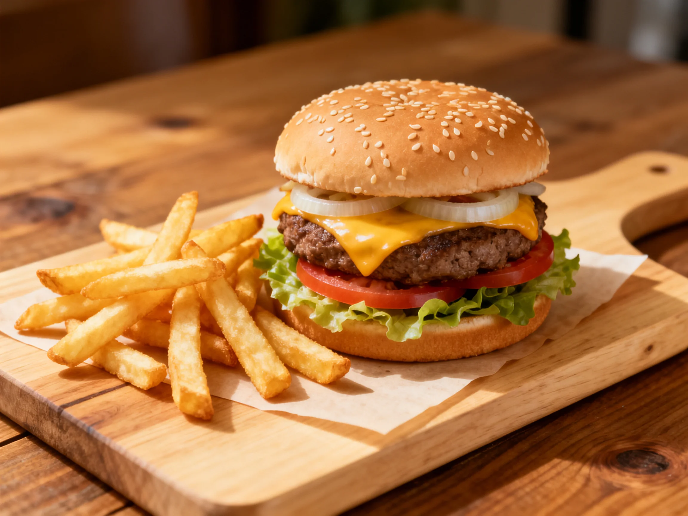 Sesame-topped cheeseburger with fresh veggies and crispy fries