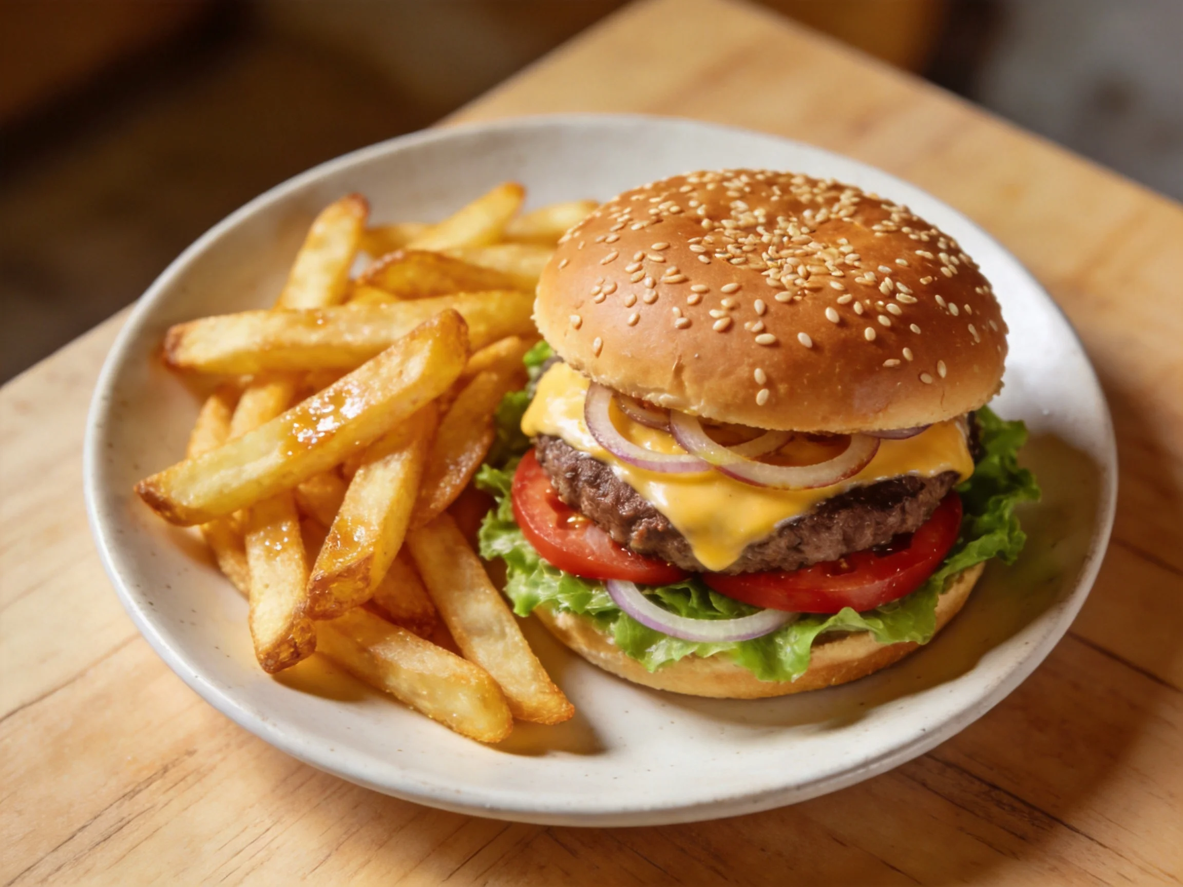Sesame-topped cheeseburger with fresh veggies beside crispy fries
