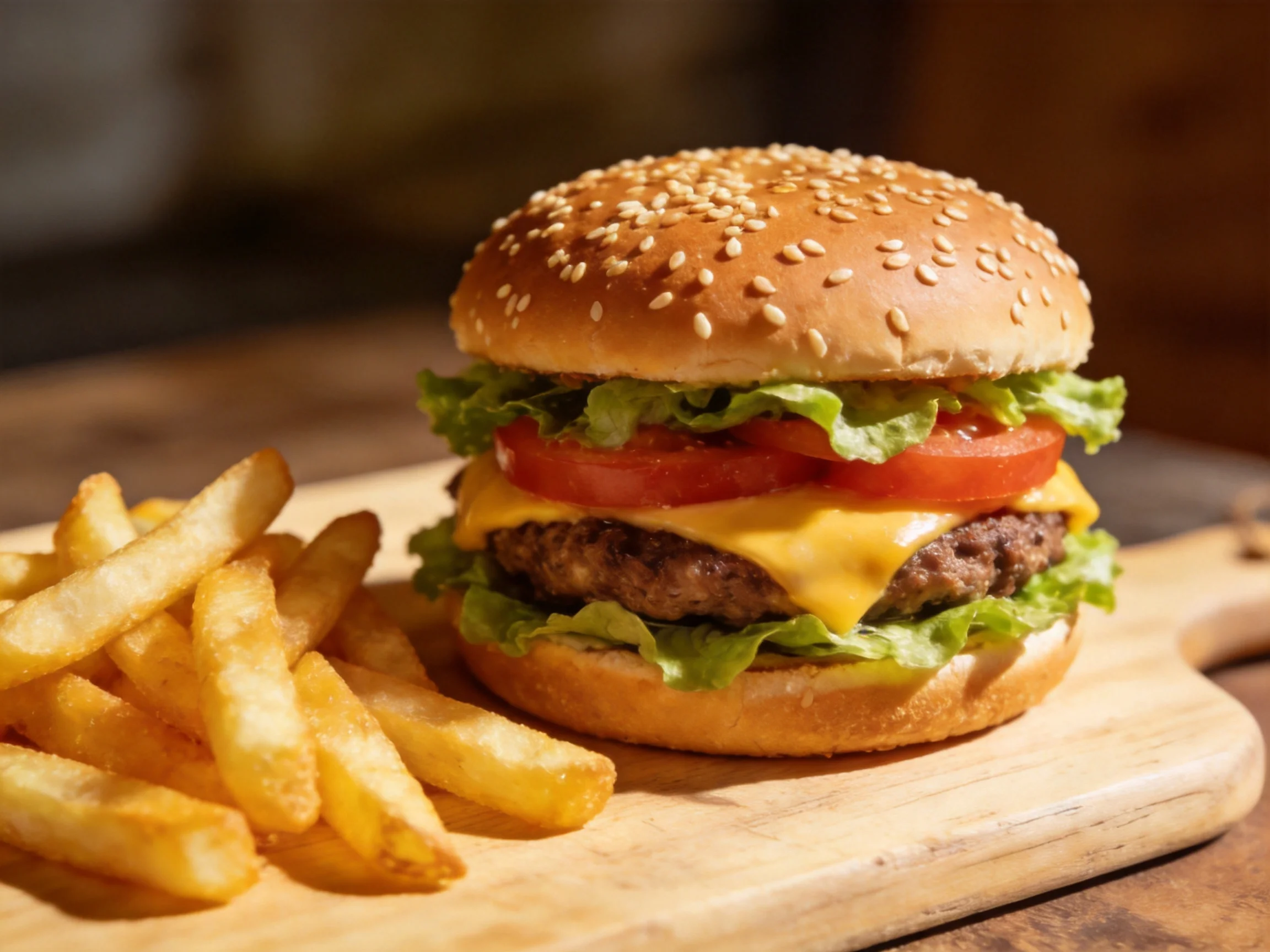 Sesame-topped cheeseburger with fresh veggies beside crispy fries