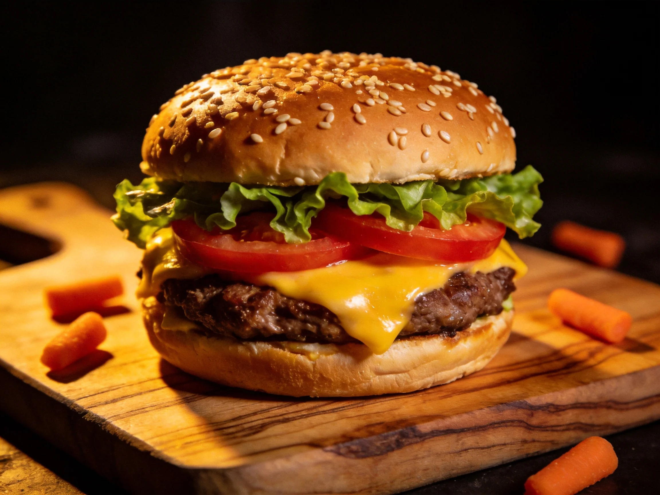 Sesame-topped cheeseburger with fresh veggies on wooden board