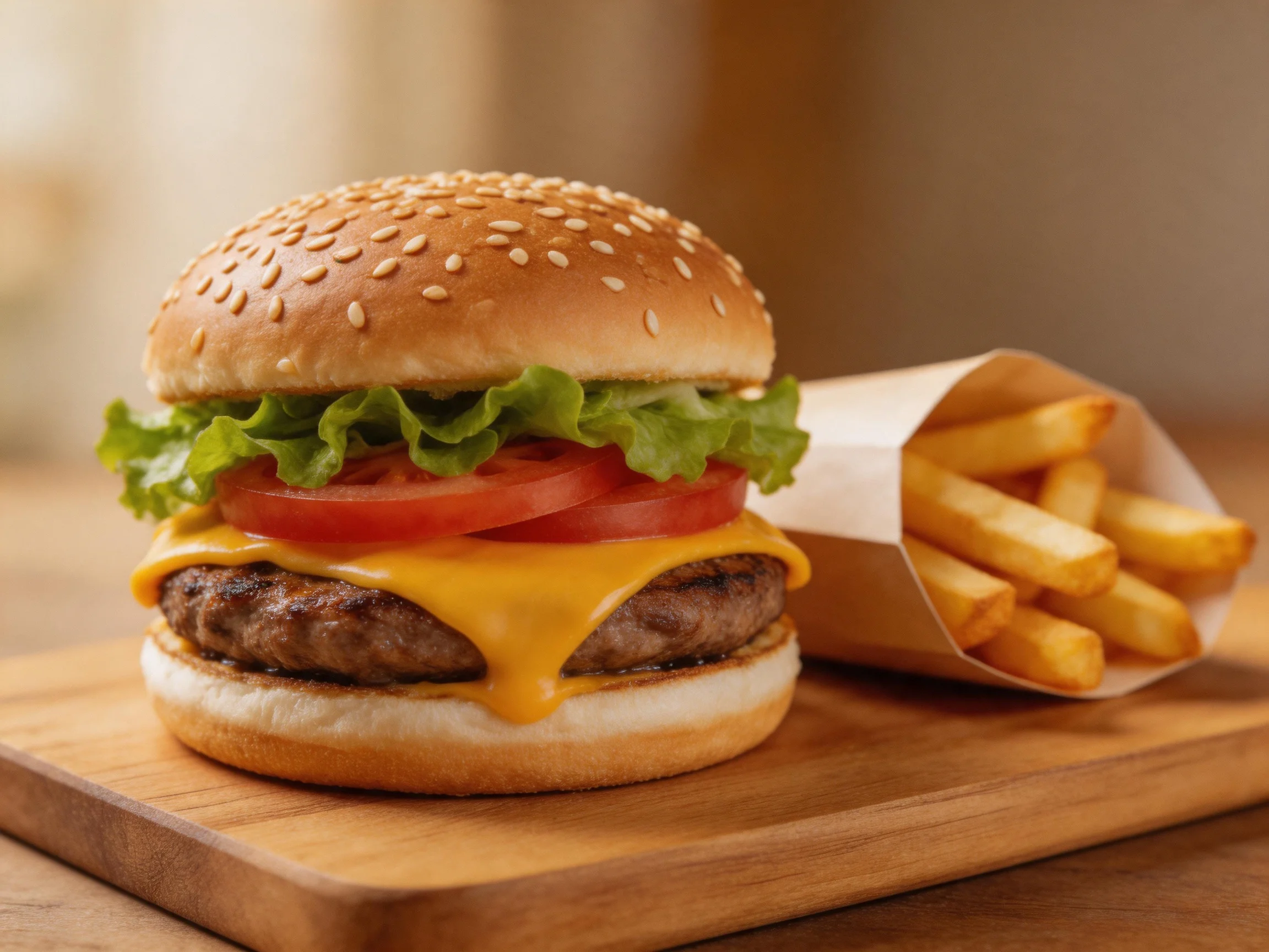 Sesame-topped cheeseburger with lettuce, tomato, and golden fries