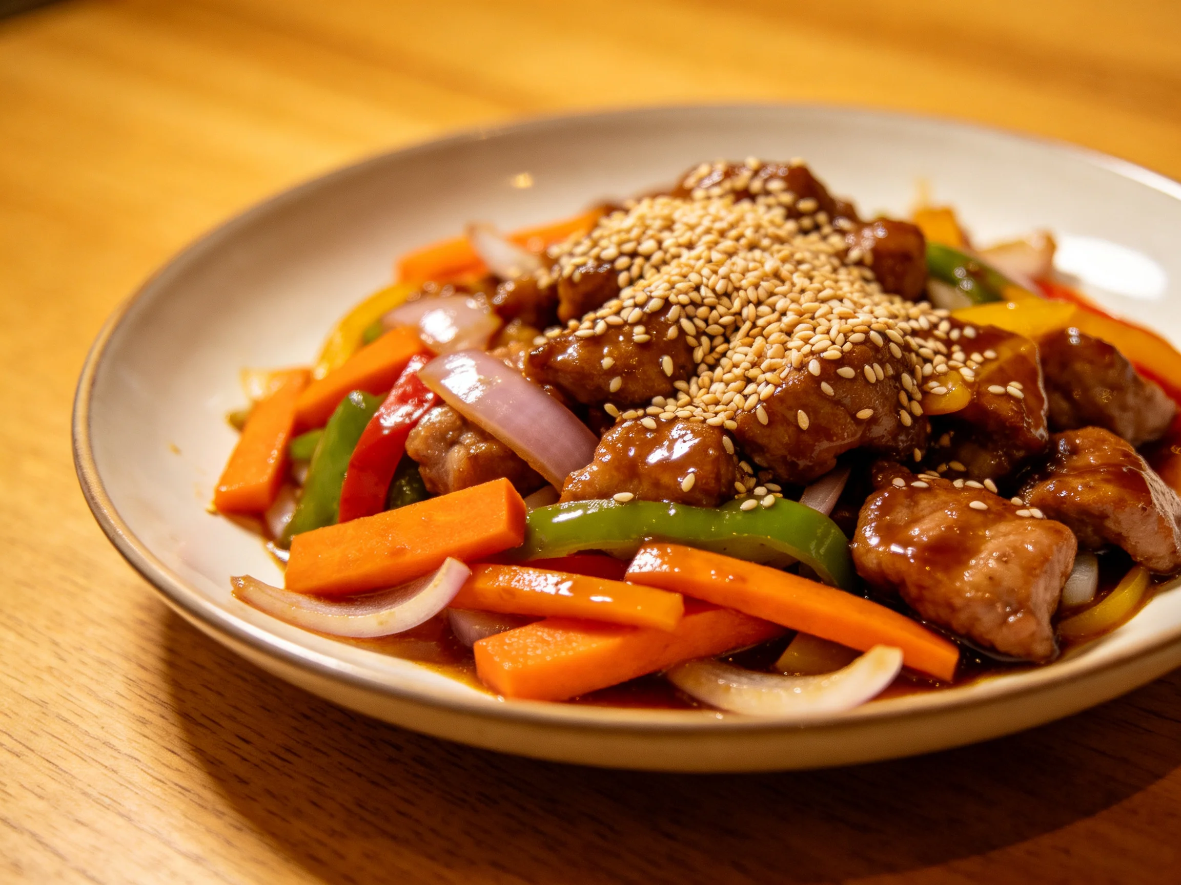 Sesame - topped stir - fry with colorful vegetables and tender meat