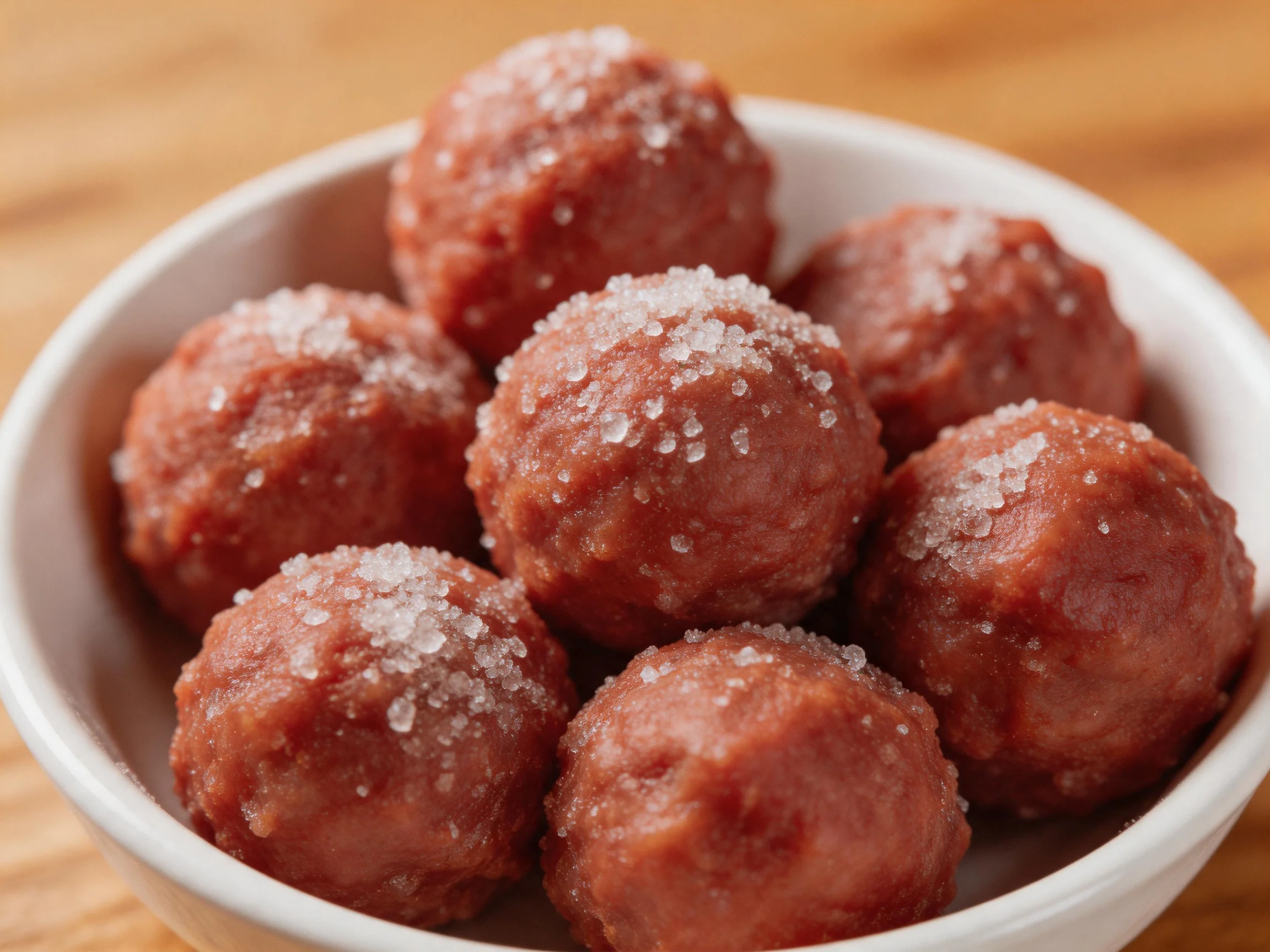 Seven brown meatballs sprinkled with sugar in a white bowl