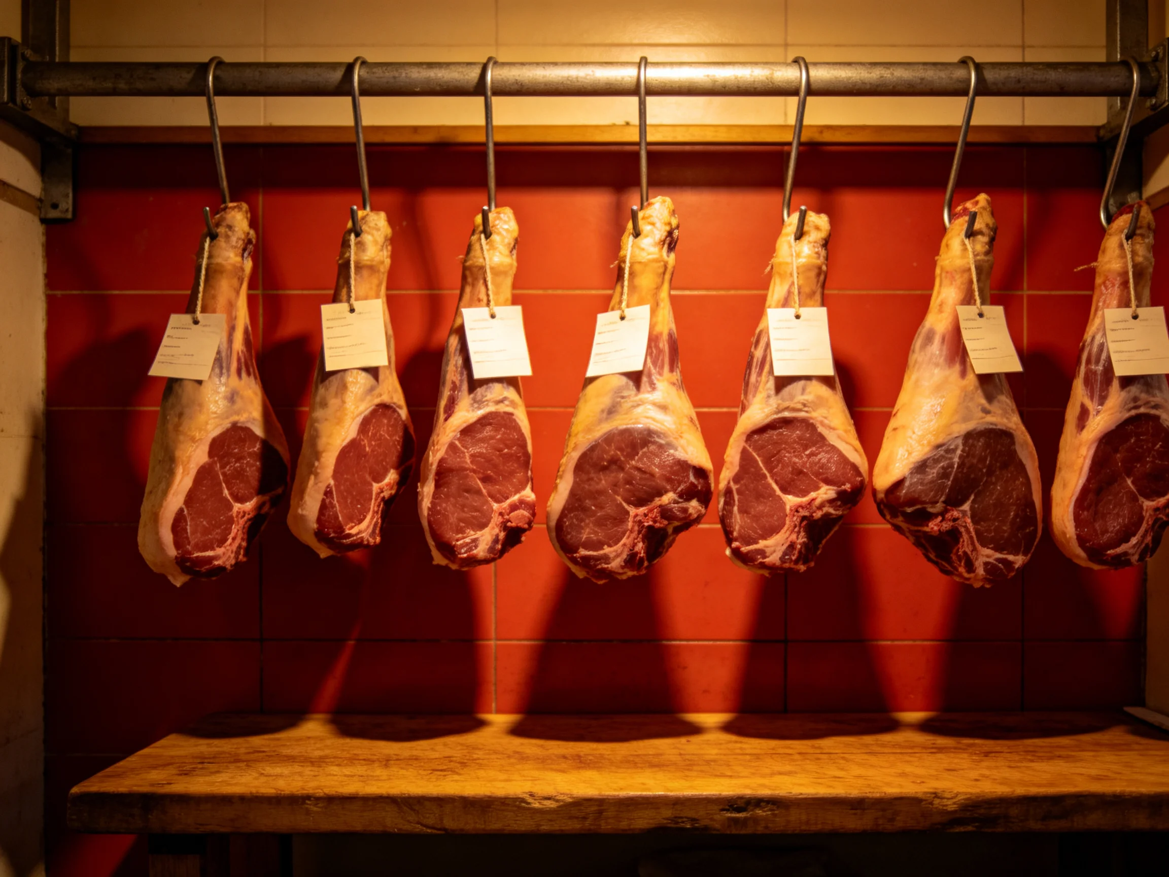 Seven large meat cuts hang from hooks against a red tiled wall