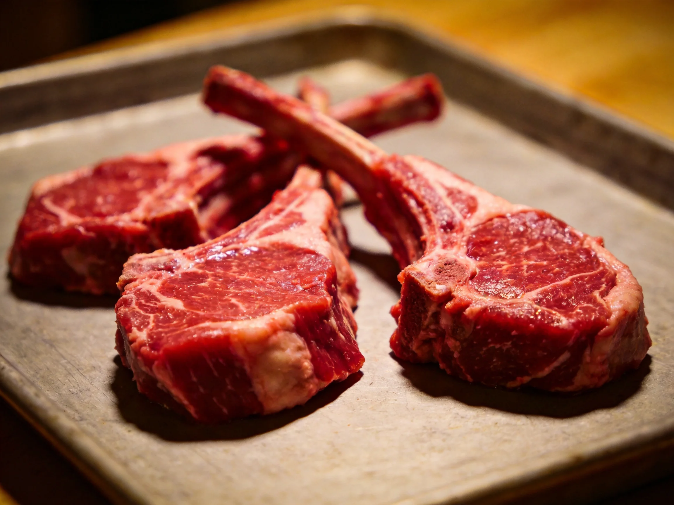 Several fresh raw lamb chops with rich marbling on a metal tray