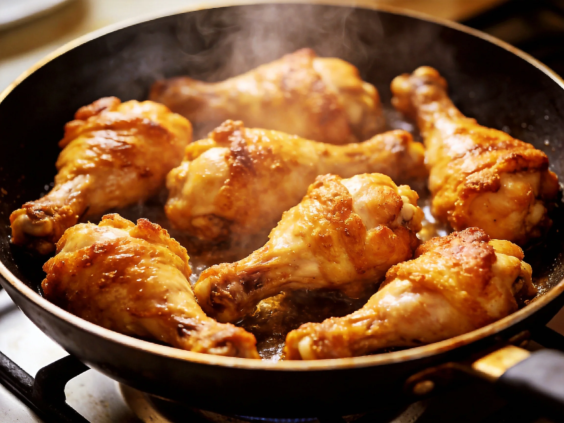 Several golden-brown chicken drumsticks cooking in a black frying pan