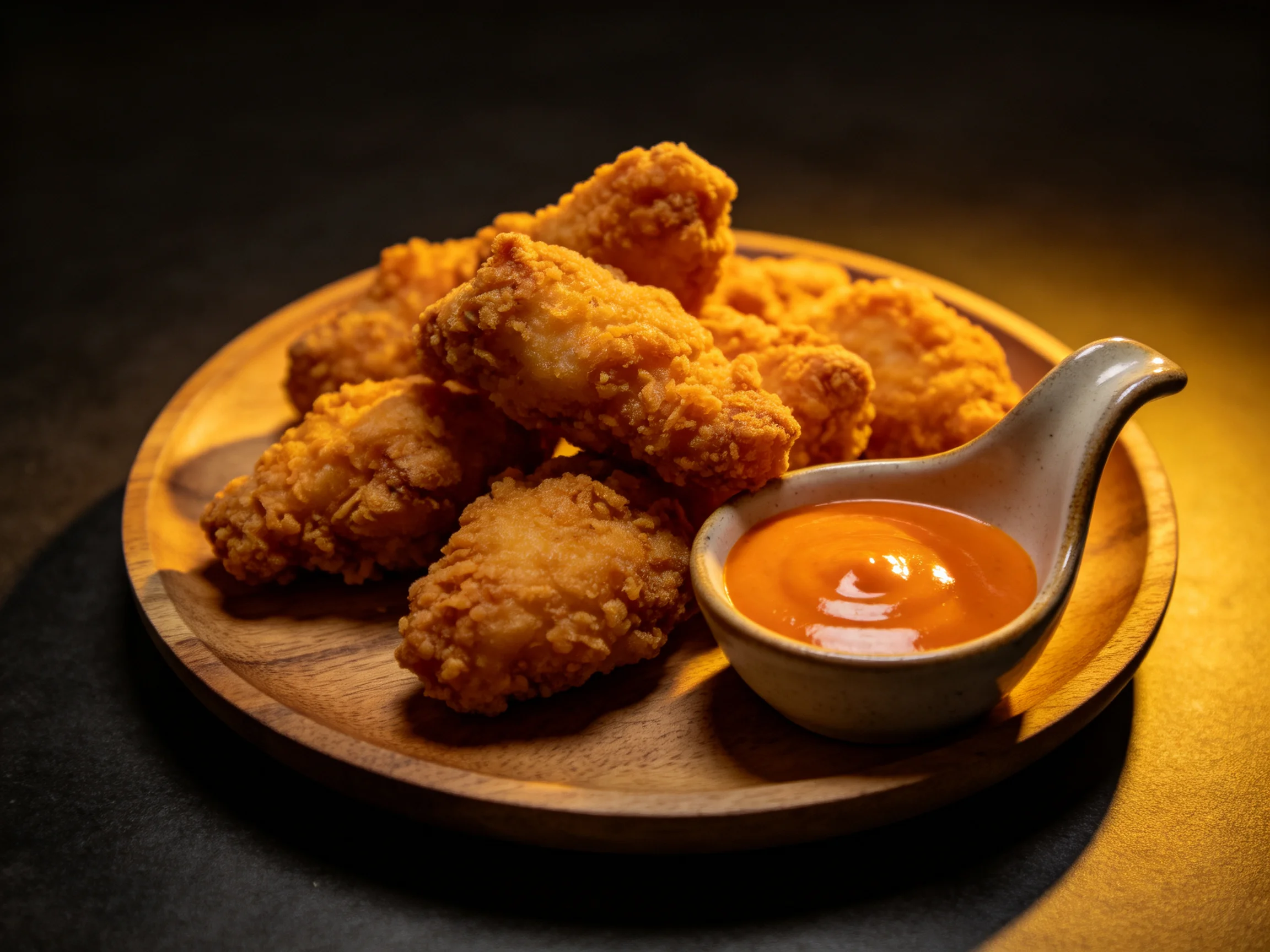 Several golden-brown fried chicken pieces on a wooden platter with orange sauce
