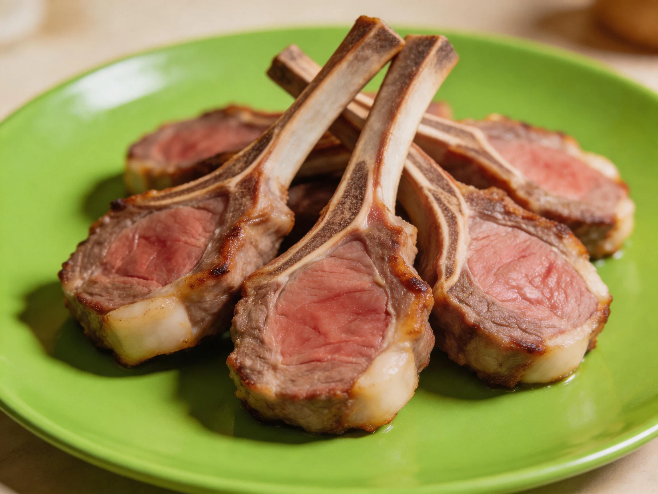 Several grilled lamb chops served on a bright green plate