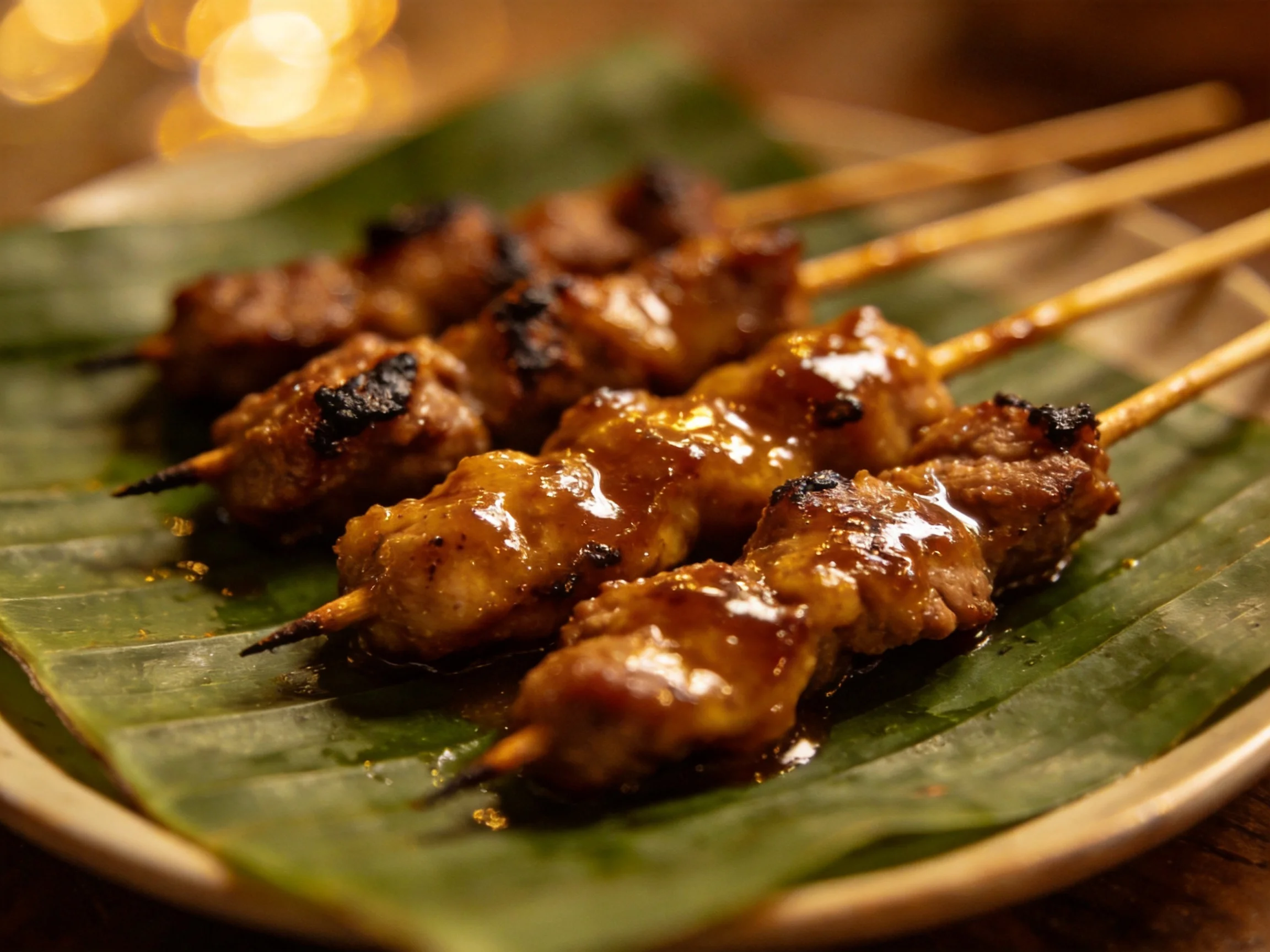Several grilled meat skewers with golden sauce on a green leaf plate