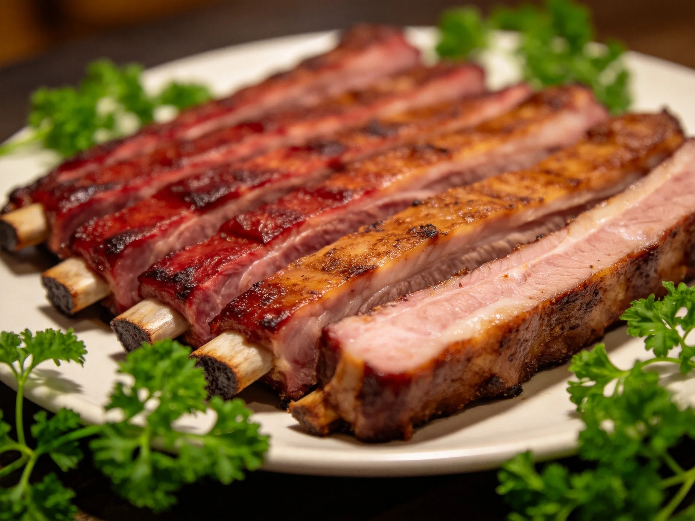 Several racks of barbecued pork ribs with distinct glazes and parsley decoration