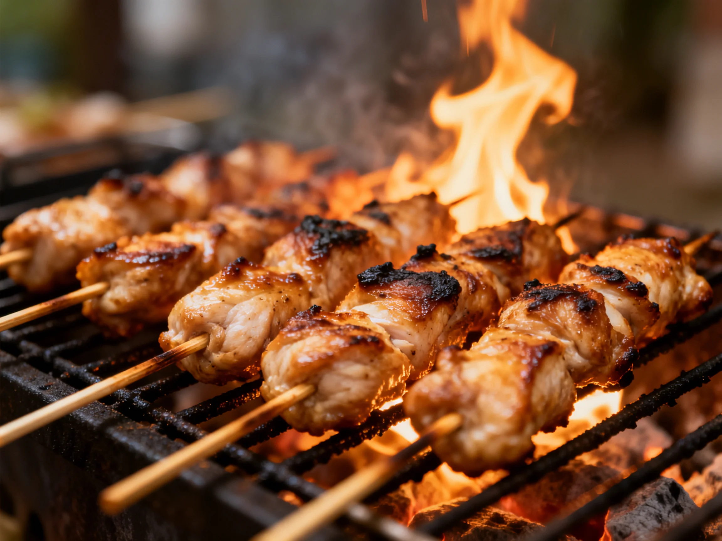 Several skewers of grilled meat barbecue over bright orange flames