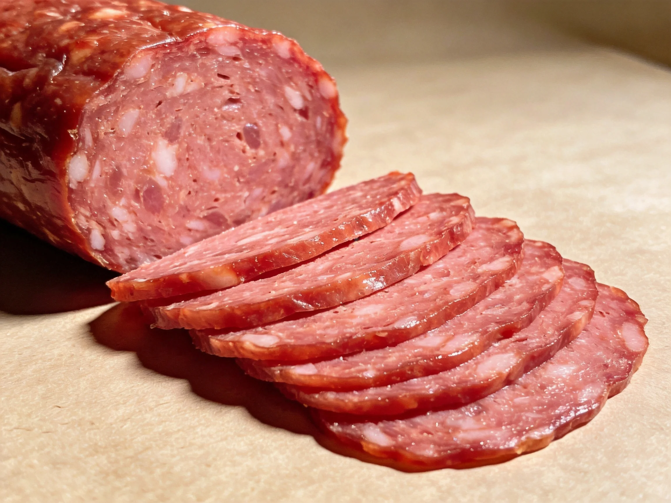 Several slices of marbled red and pink salami sausage