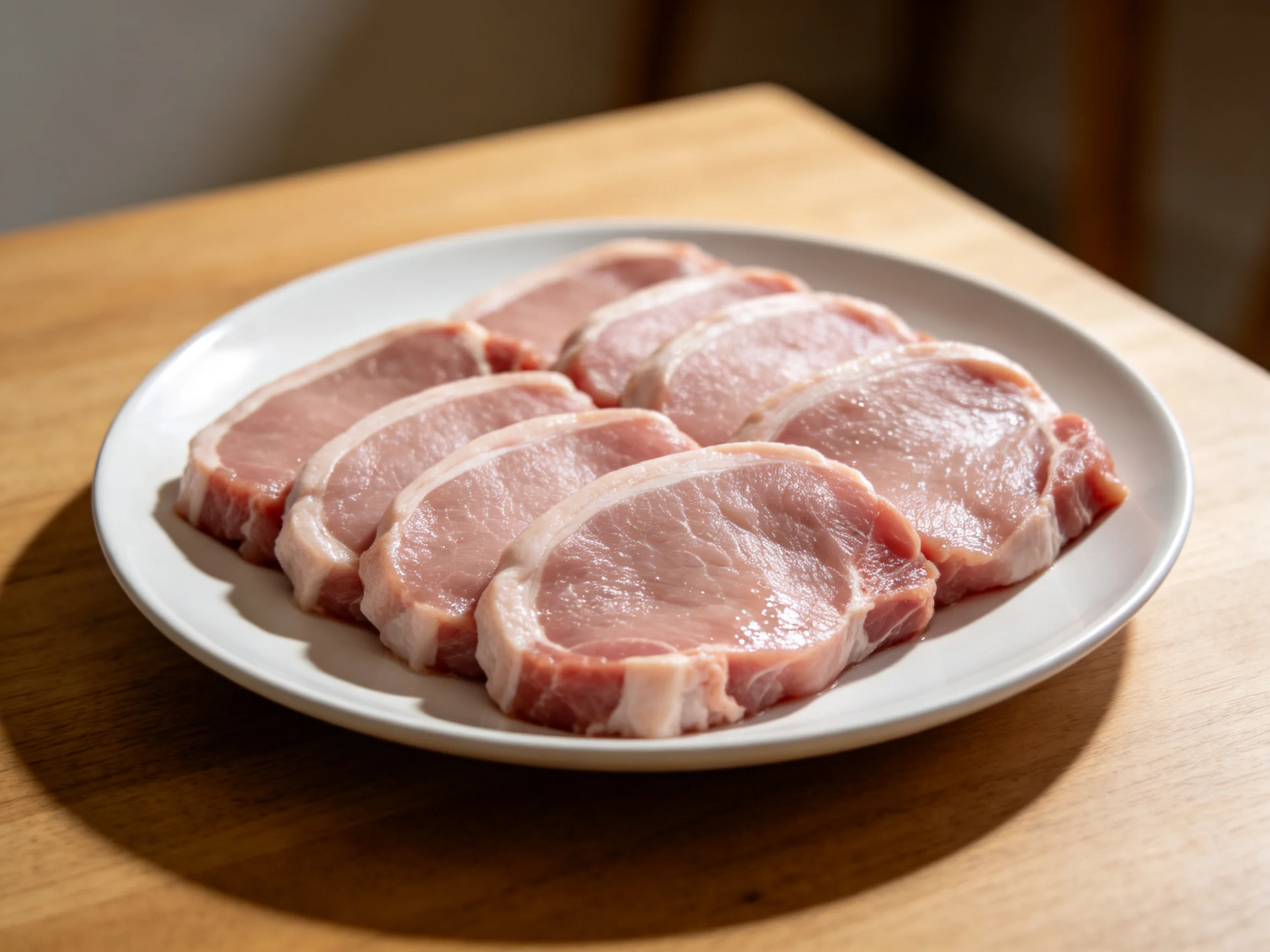 Several slices of raw pork on a white dish