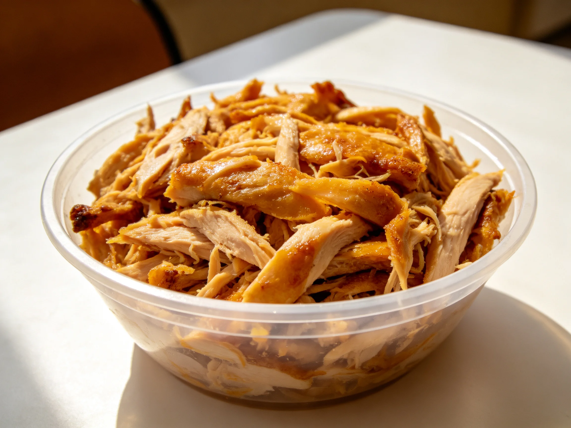 Shredded golden-brown chicken in a clear plastic container