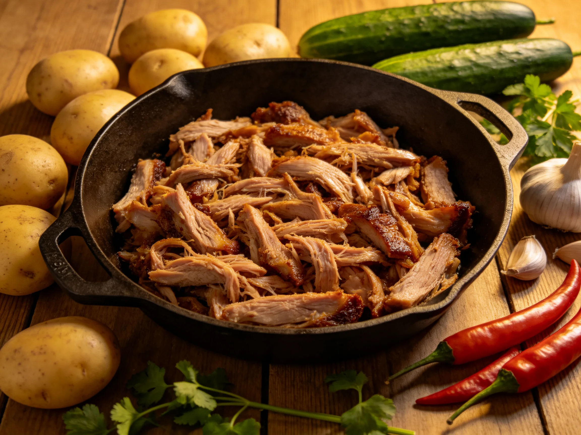 Shredded pork in cast iron skillet with surrounding vegetables and herbs
