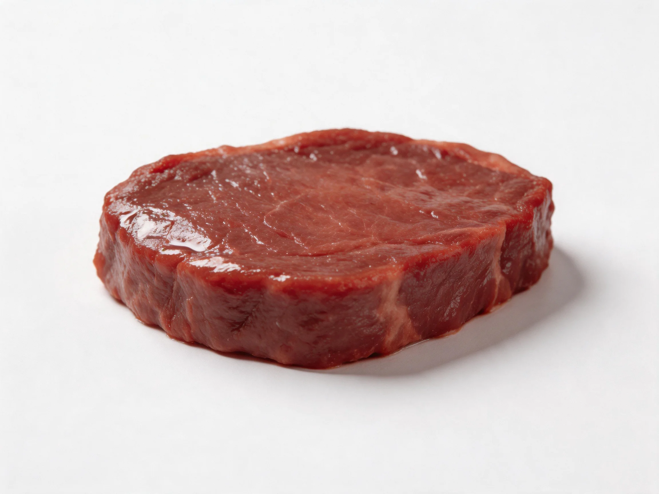 Single fresh raw red beef steak slice displayed