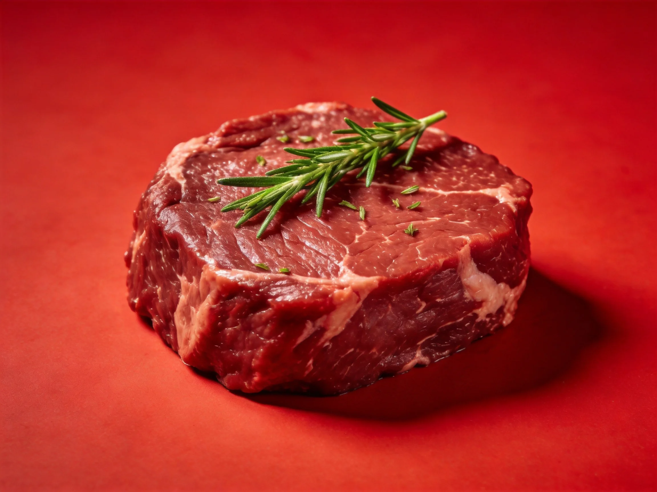 Single raw beef steak garnished with rosemary on red surface