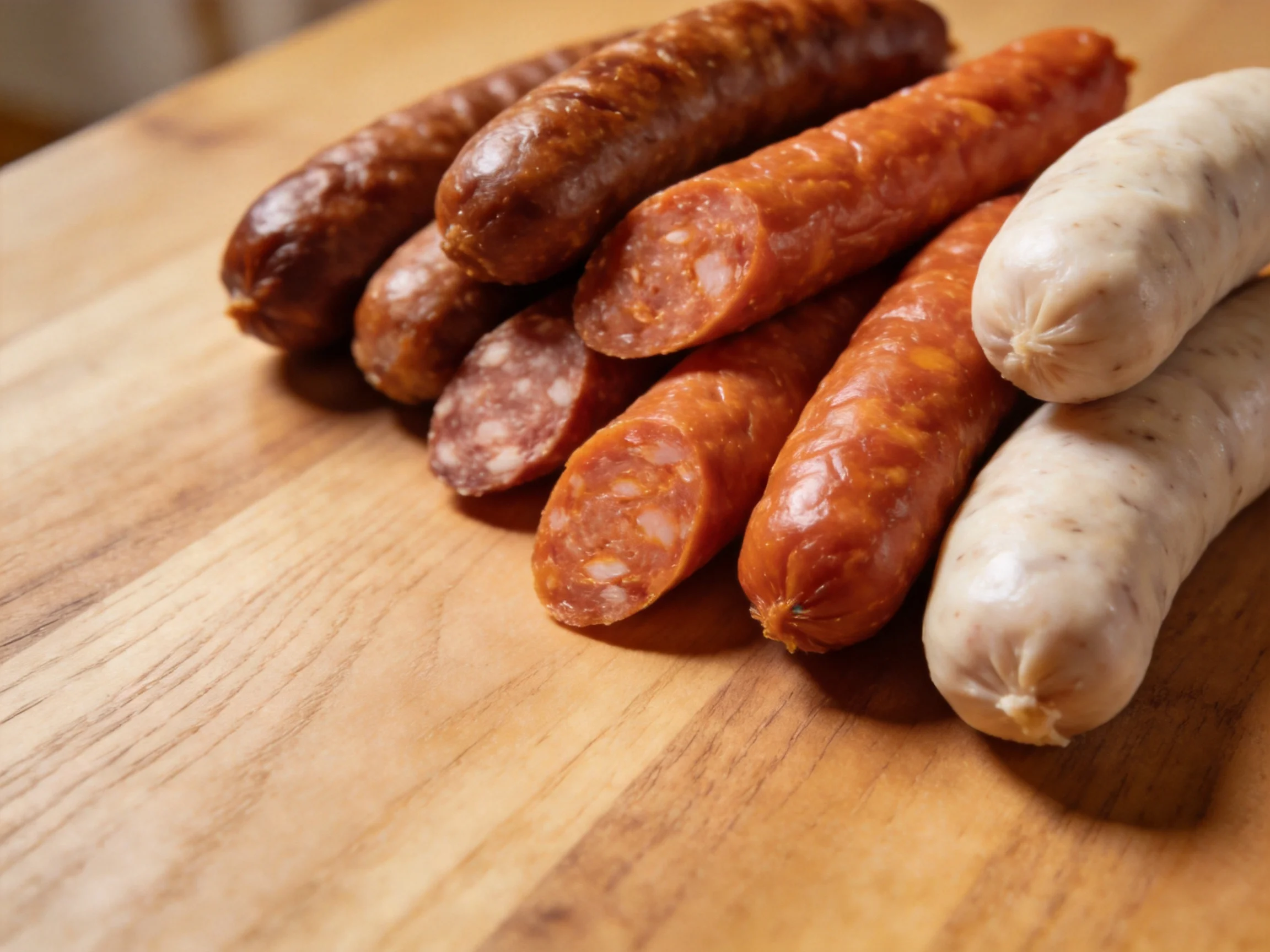 Six assorted sausages in varied colors rest on a wooden surface